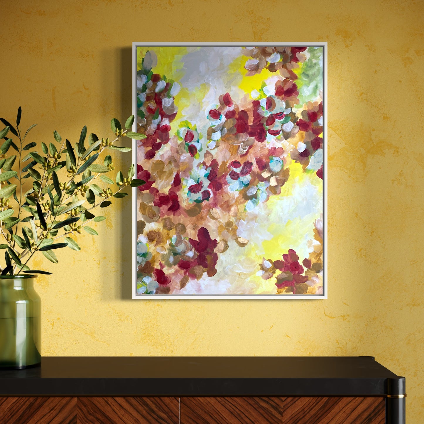 mockup abstract painting brown red and yellow floral motives on a wall white frame
