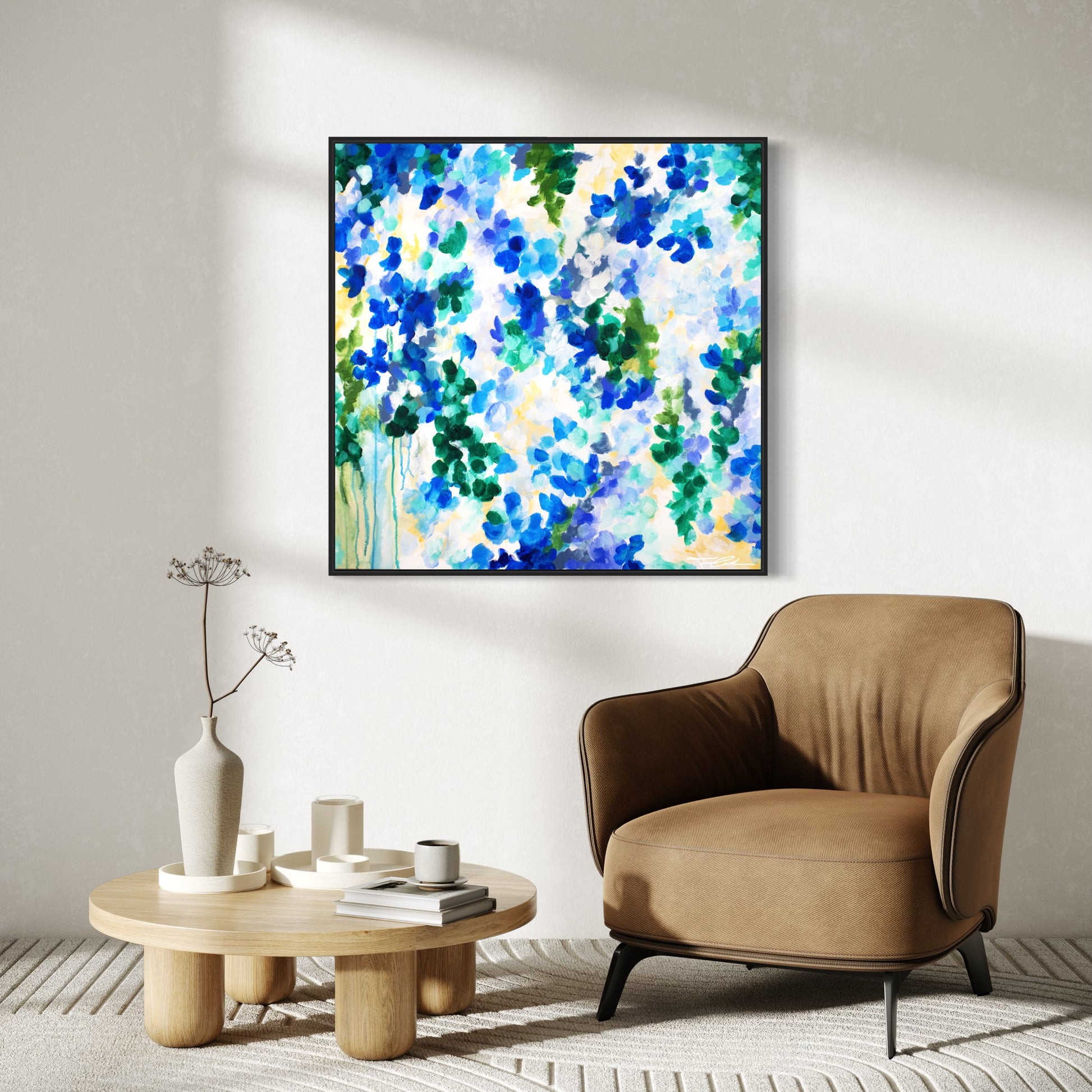 mockup abstract painting on a wall flower motives blue black frame