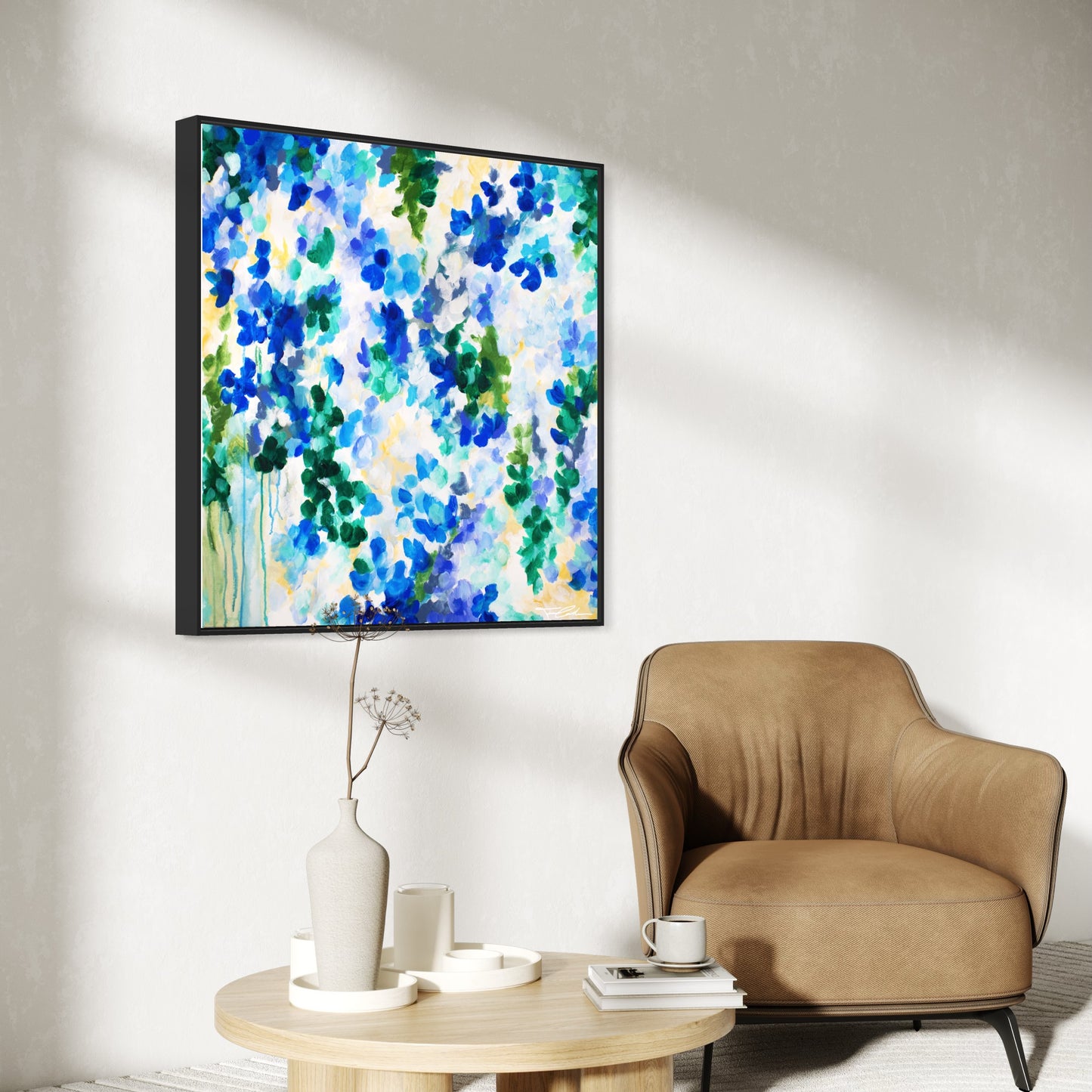 mockup abstract painting on a wall flower motives blue black frame side