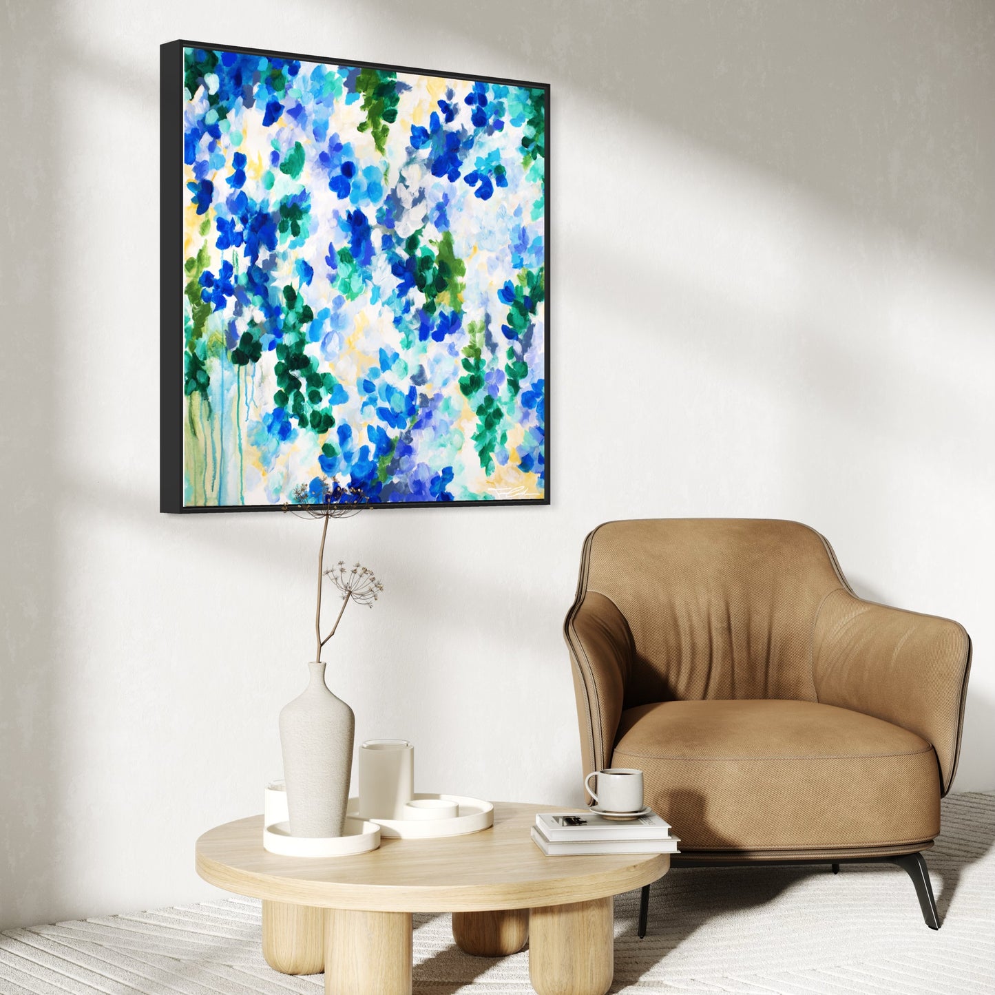 mockup abstract painting on a wall flower motives blue black frame side