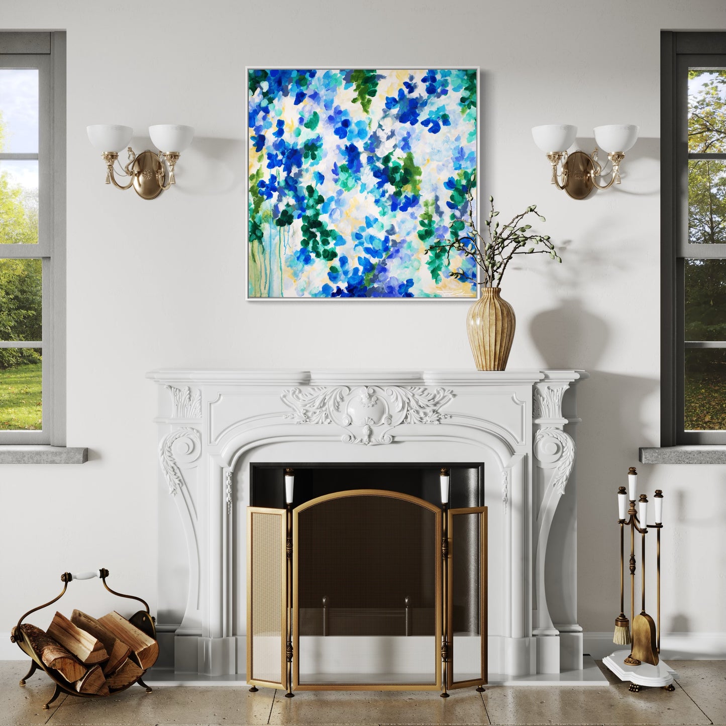 mockup abstract painting on a wall flower motives blue white frame fire place