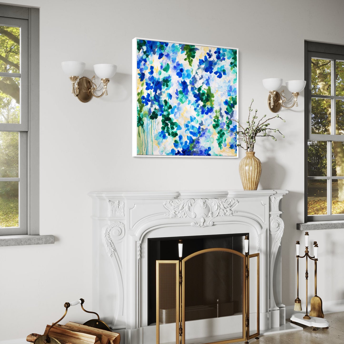 mockup abstract painting on a wall flower motives blue yellow white frame