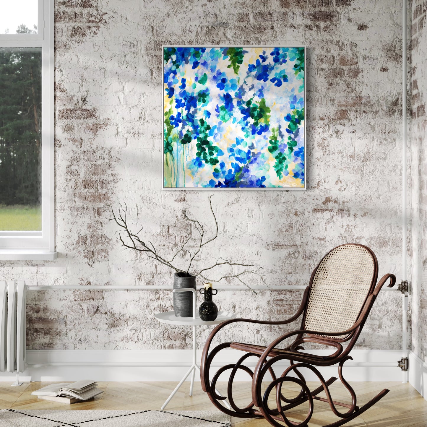 mockup abstract painting on a wall flower motives blue white frame
