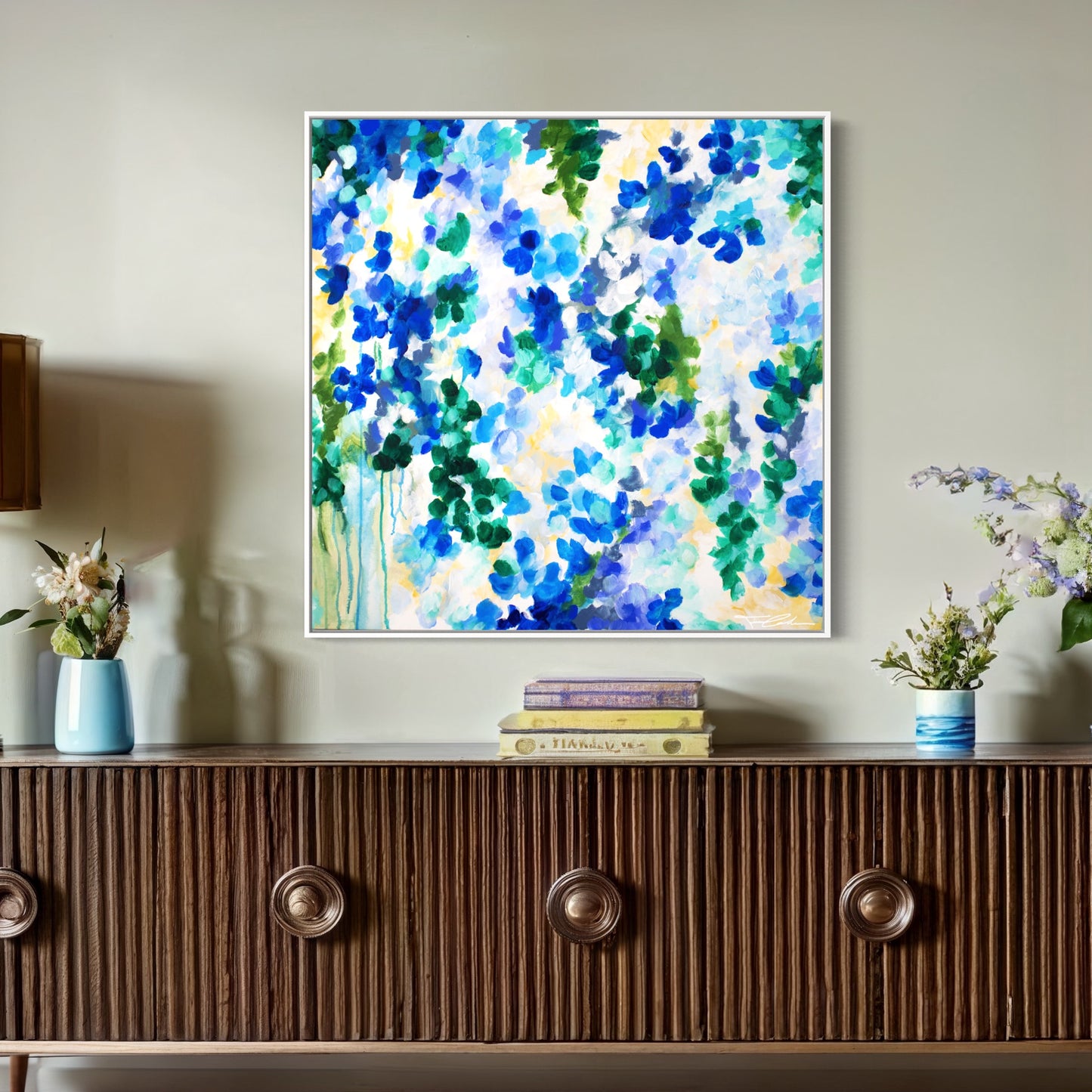 mockup abstract painting on a wall flower motives blue white frame living room
