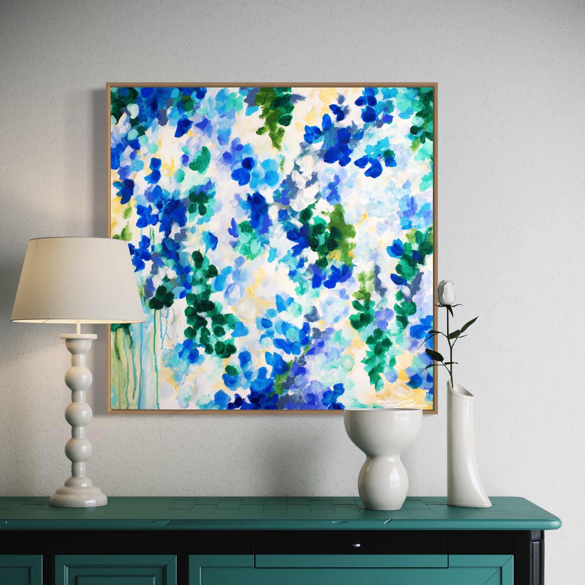 mockup abstract painting on a wall flower motives blue yellow wood frame