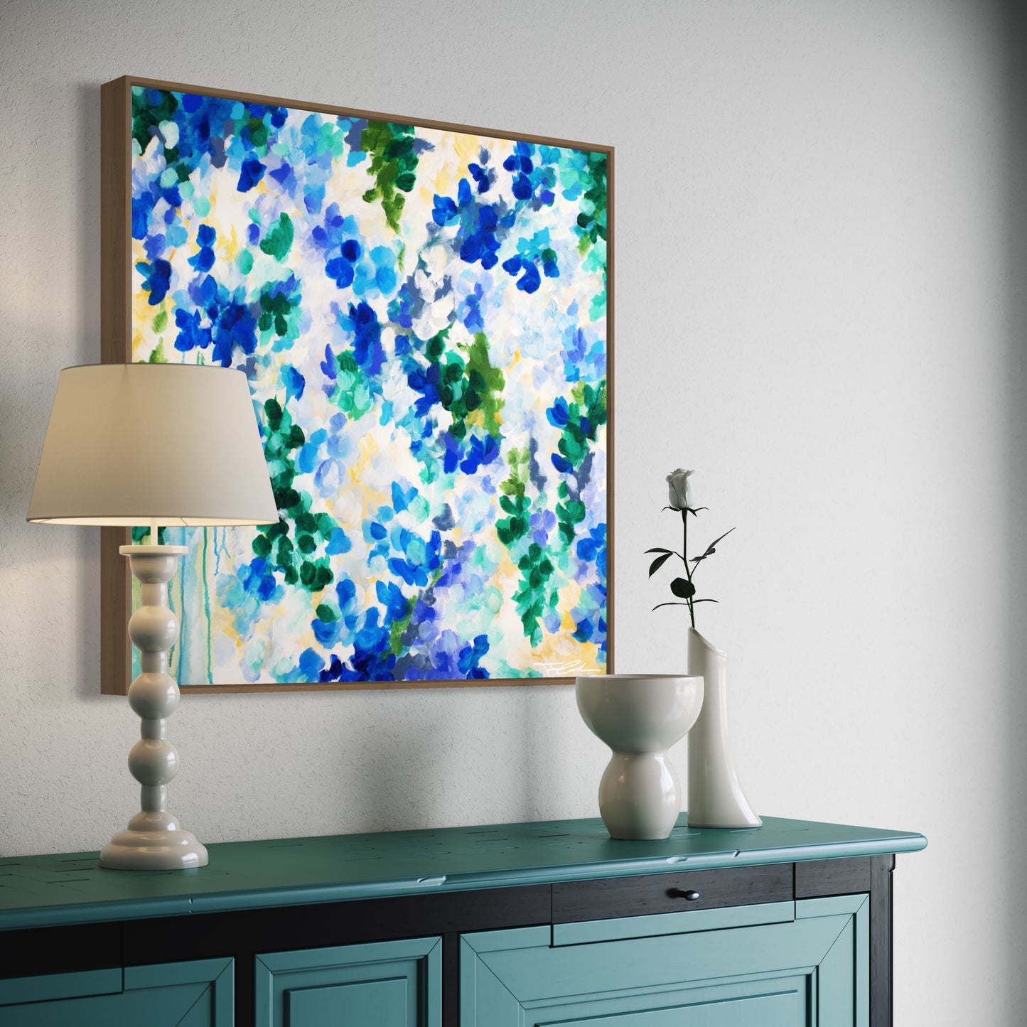 mockup abstract painting on a wall flower motives blue wood frame living room