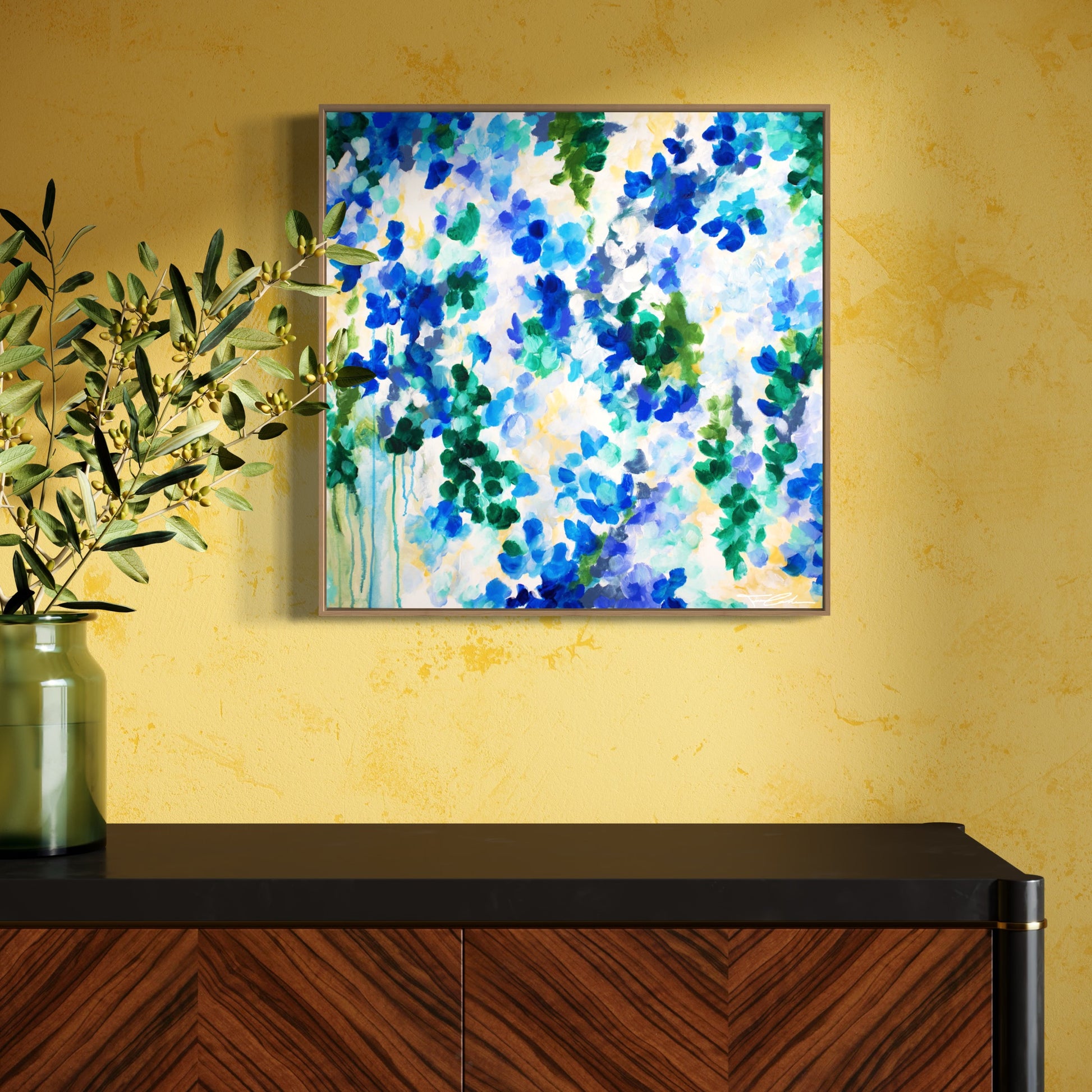 mockup abstract painting on a wall flower motives blue wood frame living room