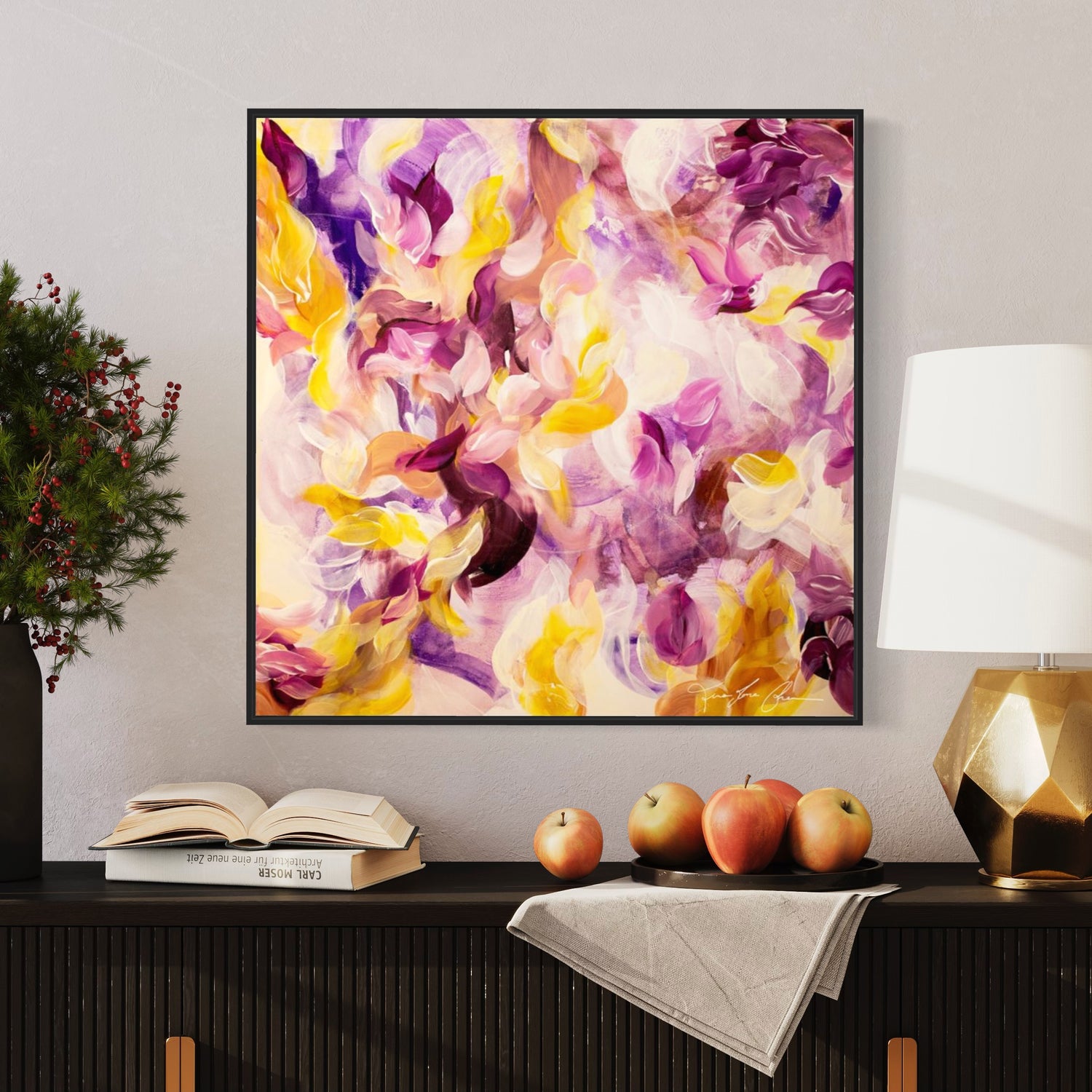 mockup abstract painting purple pink and yellow on a wall black frame apples