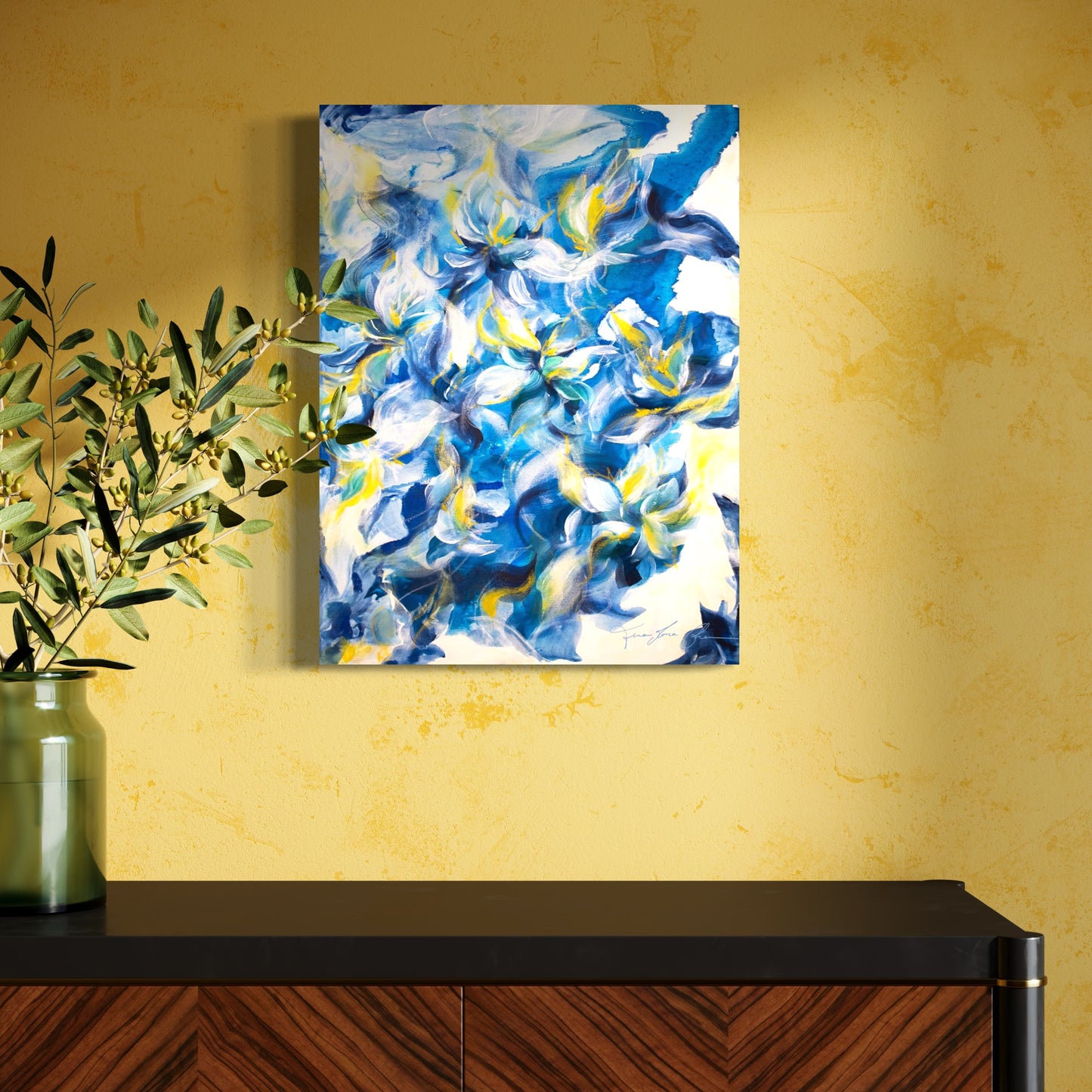 mockup abstract painting on a wall flower motives blue yellow wall