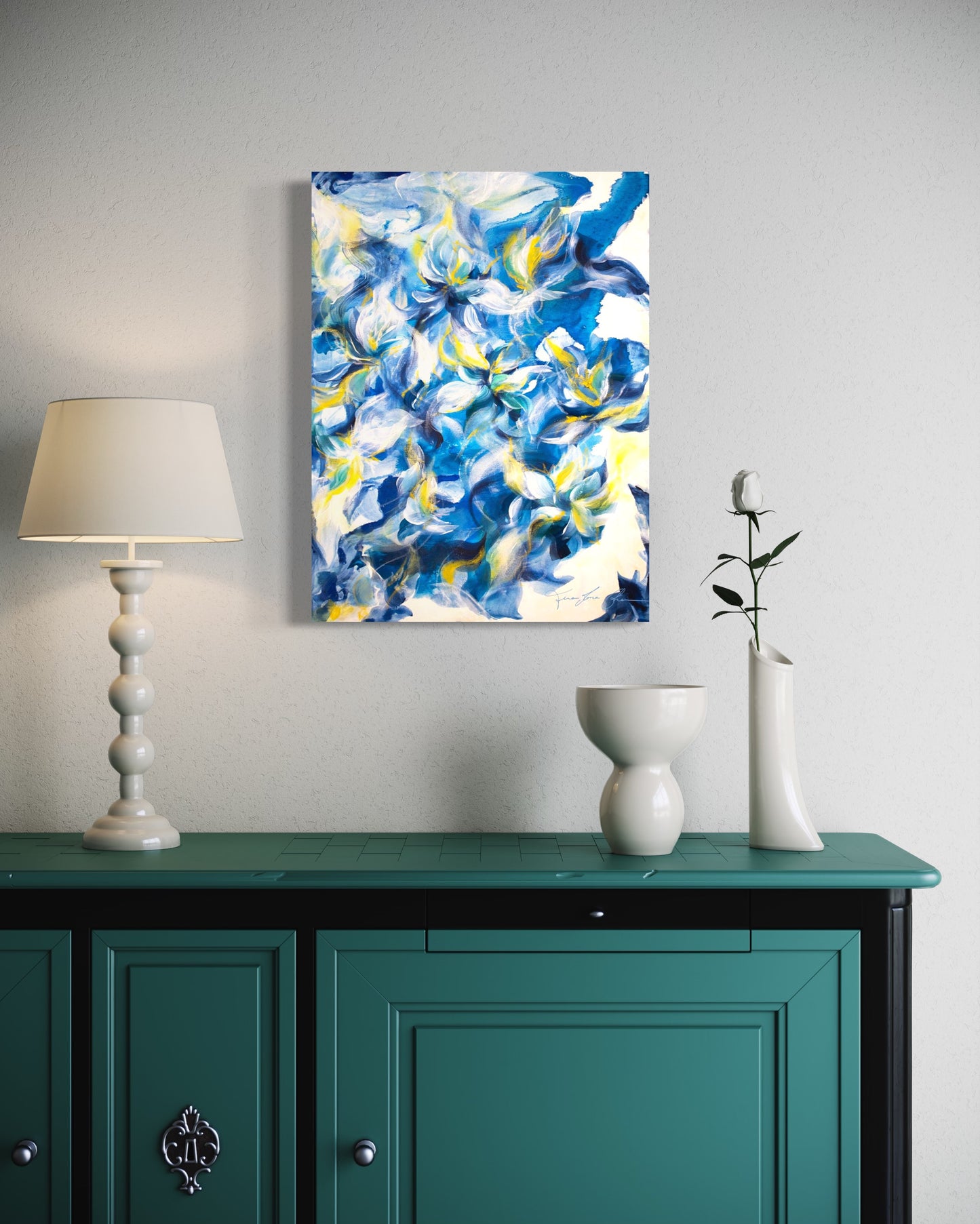 mockup abstract painting on a wall flower motives blue yellow living room