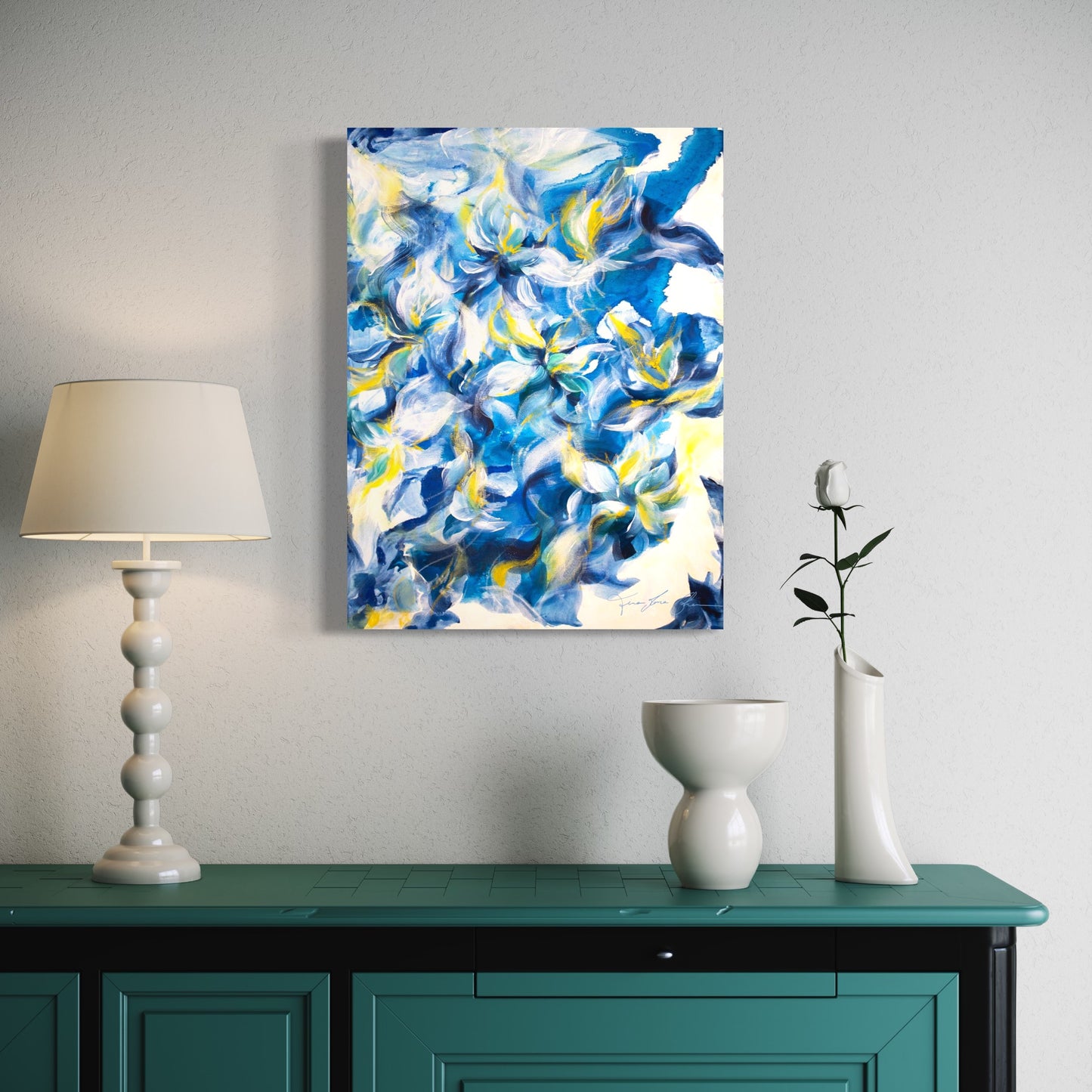 mockup abstract painting on a wall flower motives blue yellow
