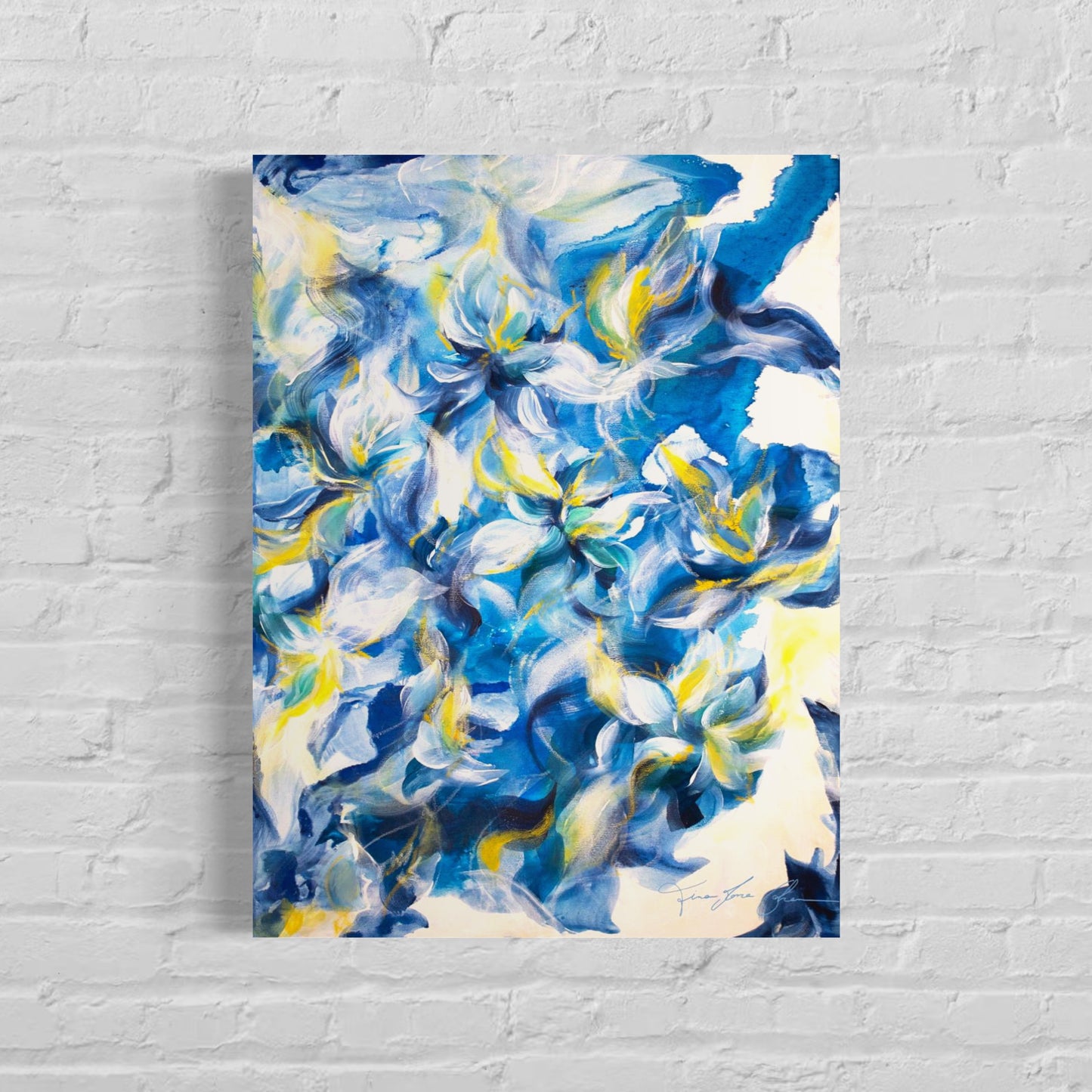 mockup abstract painting on a wall flower motives blue yellow