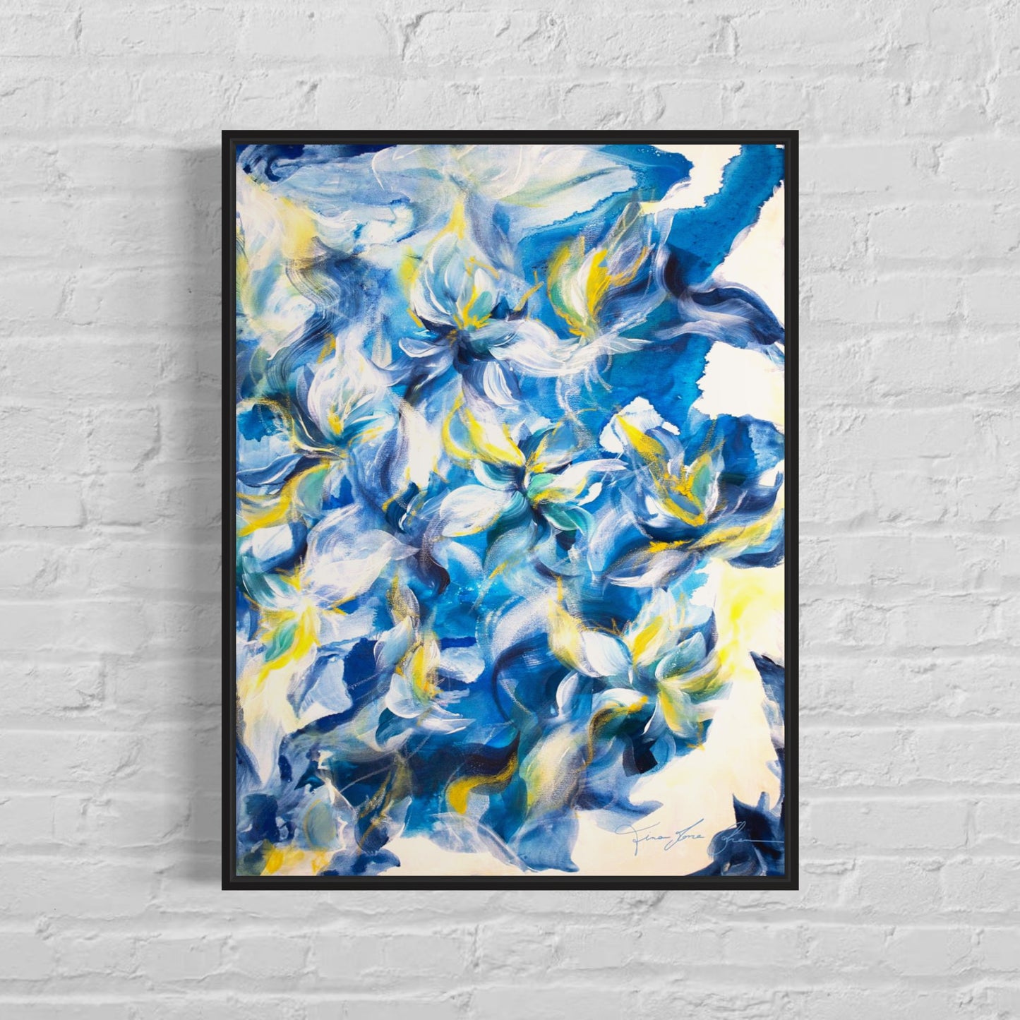 mockup abstract painting on a wall flower motives blue yellow black frame