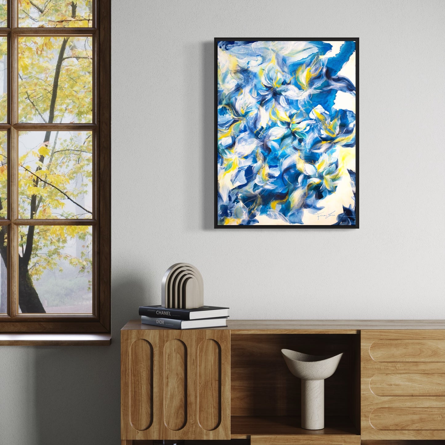 mockup abstract painting on a wall flower motives blue yellow black frame living room