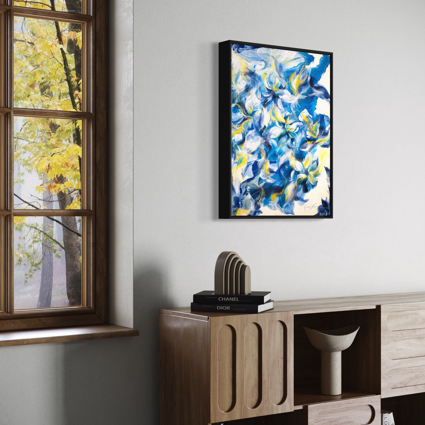 mockup abstract painting on a wall flower motives blue yellow black frame