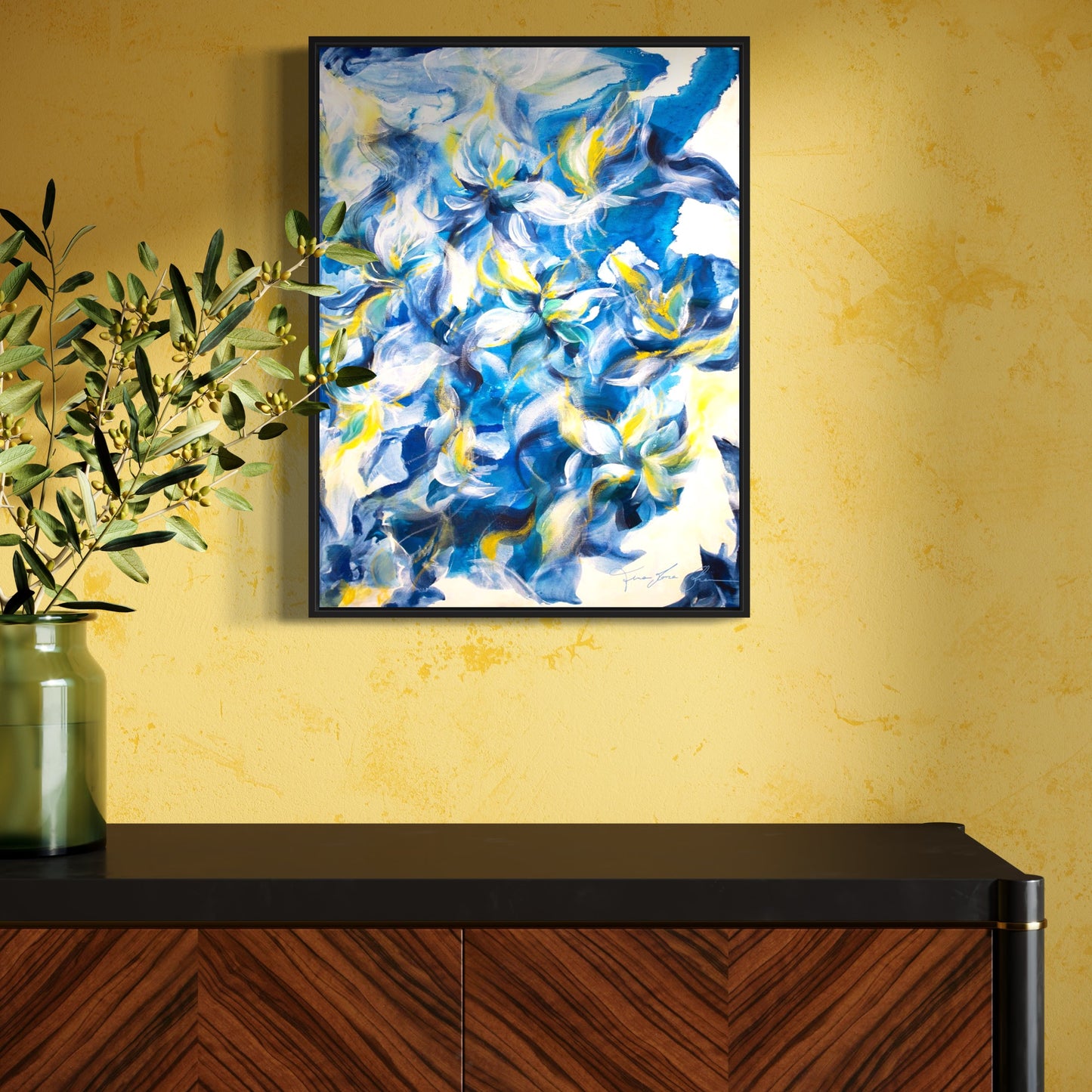 mockup abstract painting on a wall flower motives blue yellow black frame yellow wall