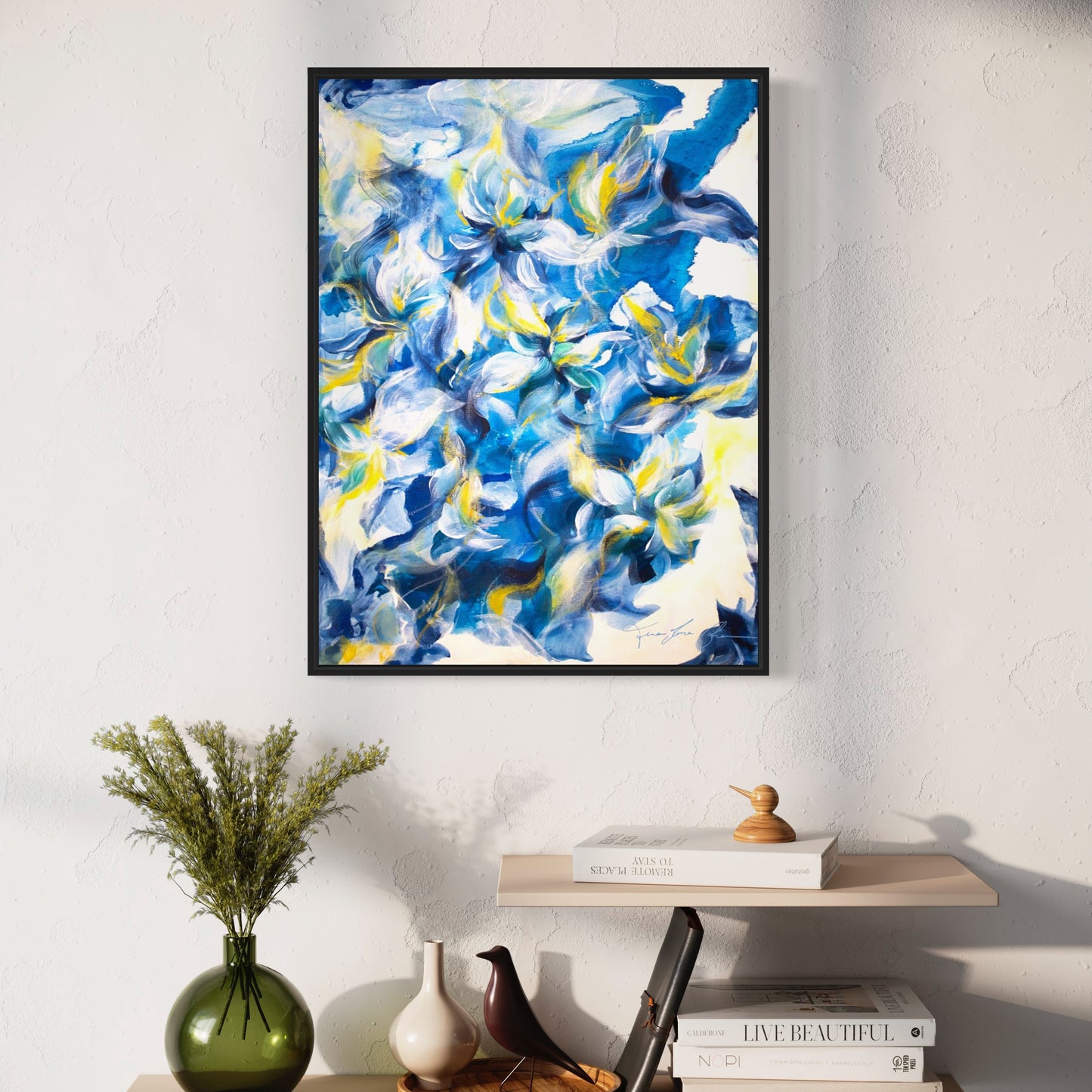 mockup abstract painting on a wall flower motives blue yellow black frame