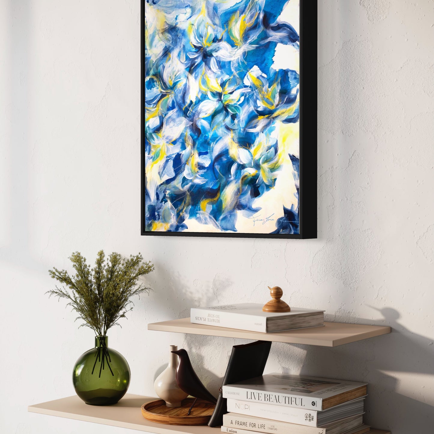 mockup abstract painting on a wall flower motives blue yellow black frame side