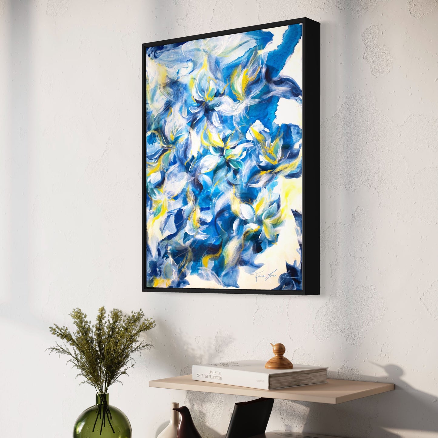 mockup abstract painting on a wall flower motives blue yellow wood frame side