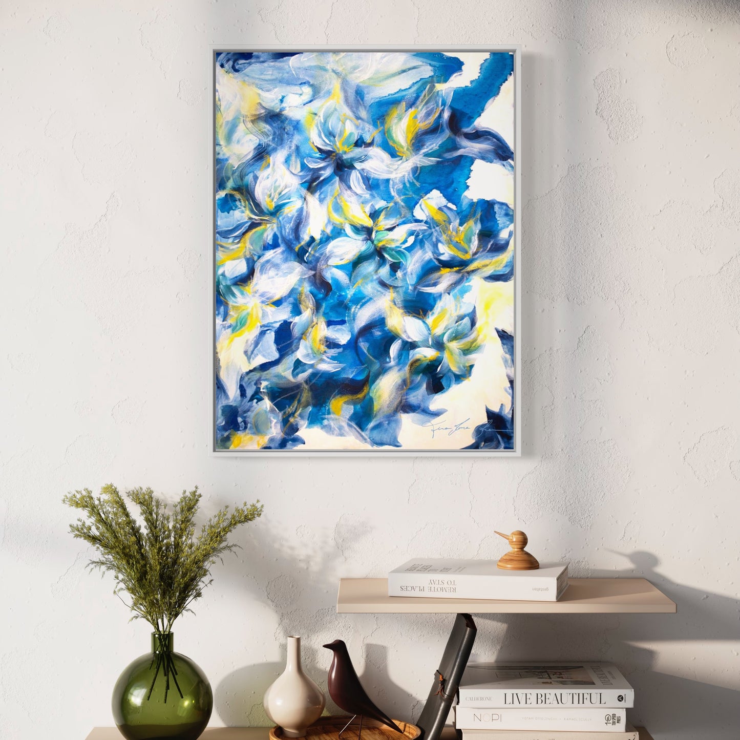 mockup abstract painting on a wall flower motives blue yellow white frame