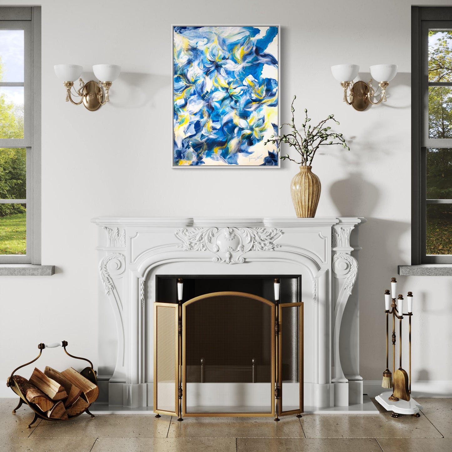 mockup abstract painting on a wall flower motives blue yellow white frame