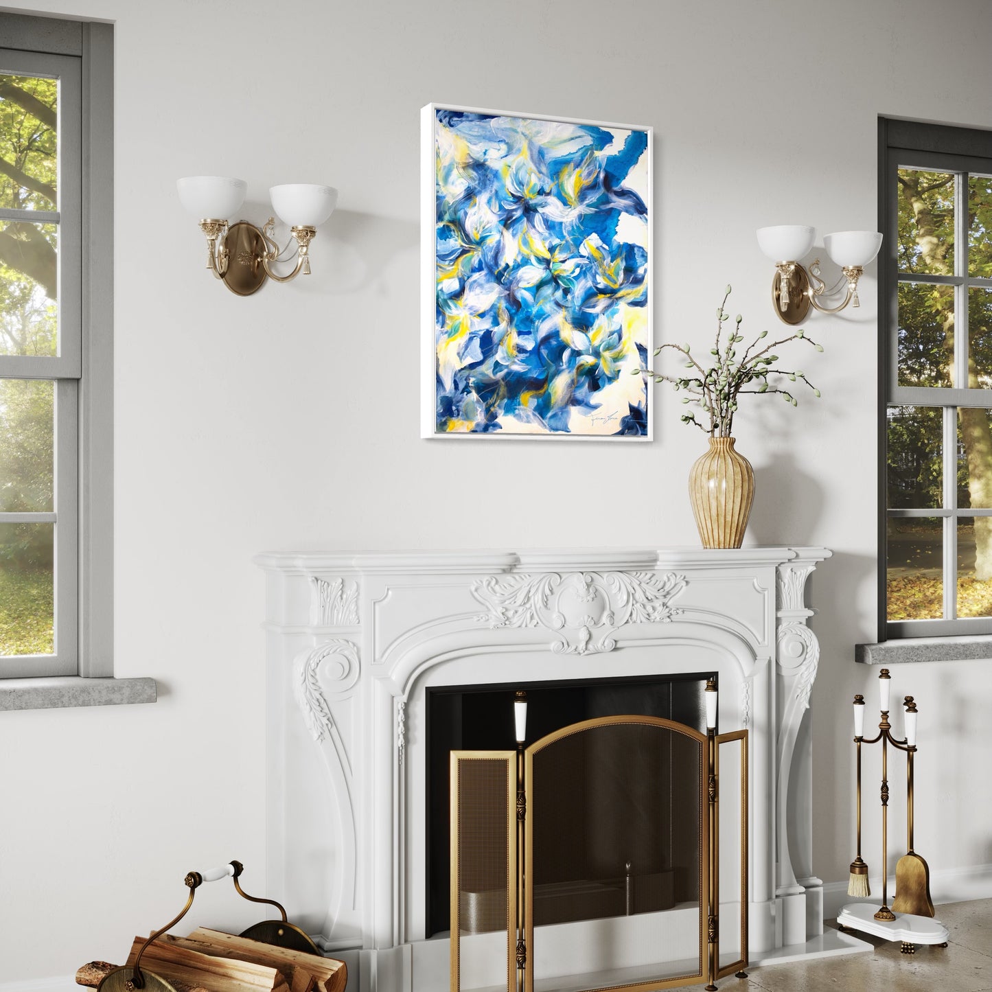 mockup abstract painting on a wall flower motives blue yellow white frame