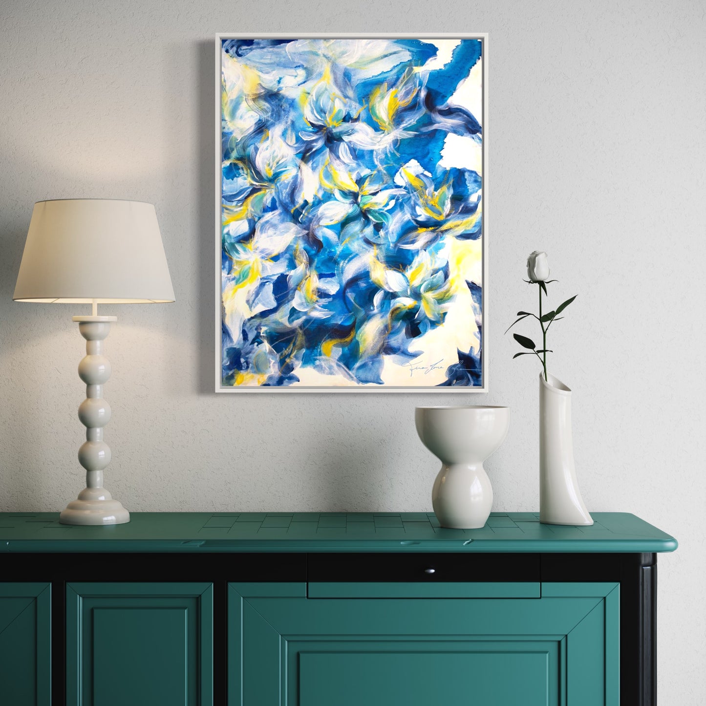 mockup abstract painting on a wall flower motives blue yellow white frame