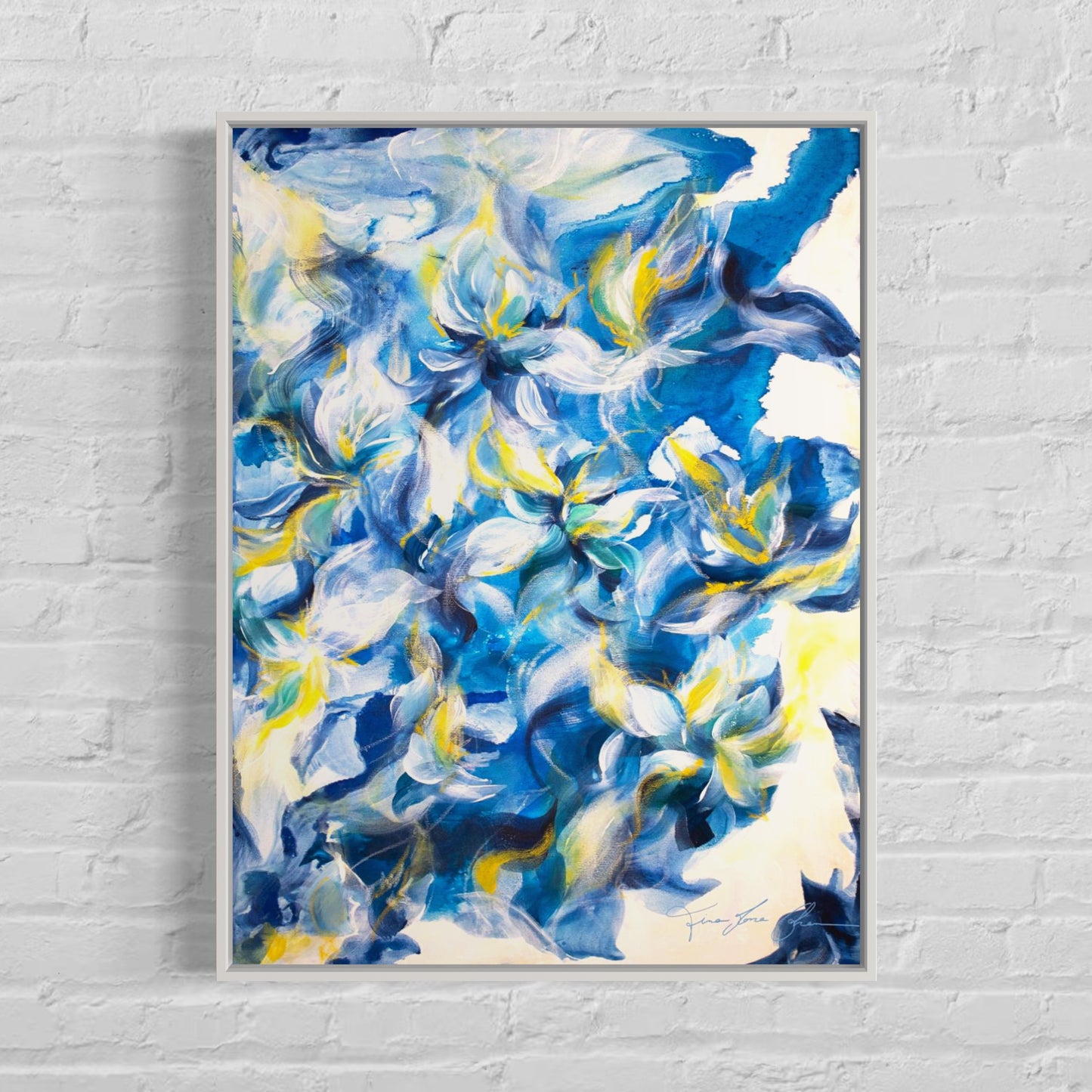 mockup abstract painting on a wall flower motives blue yellow white frame