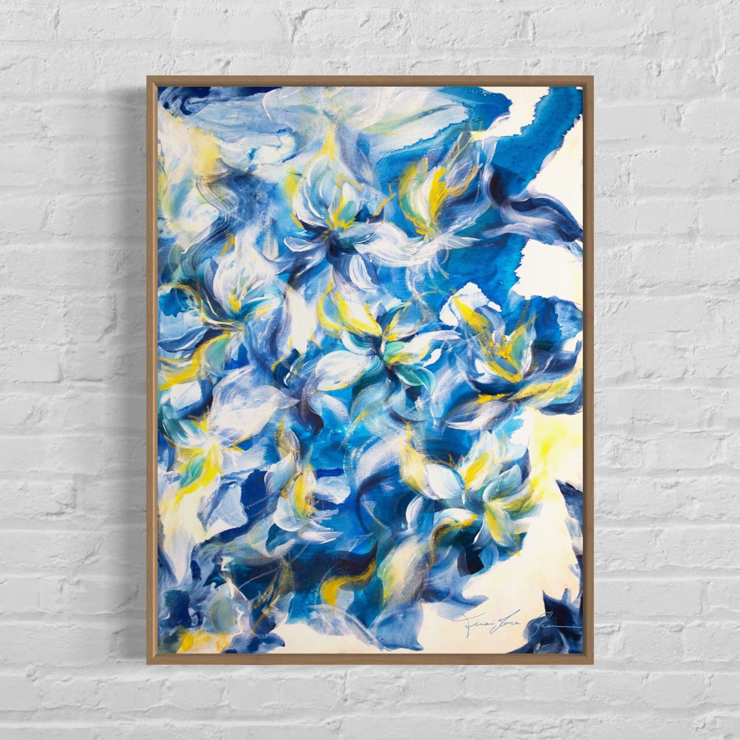 mockup abstract painting on a wall flower motives blue yellow wood frame