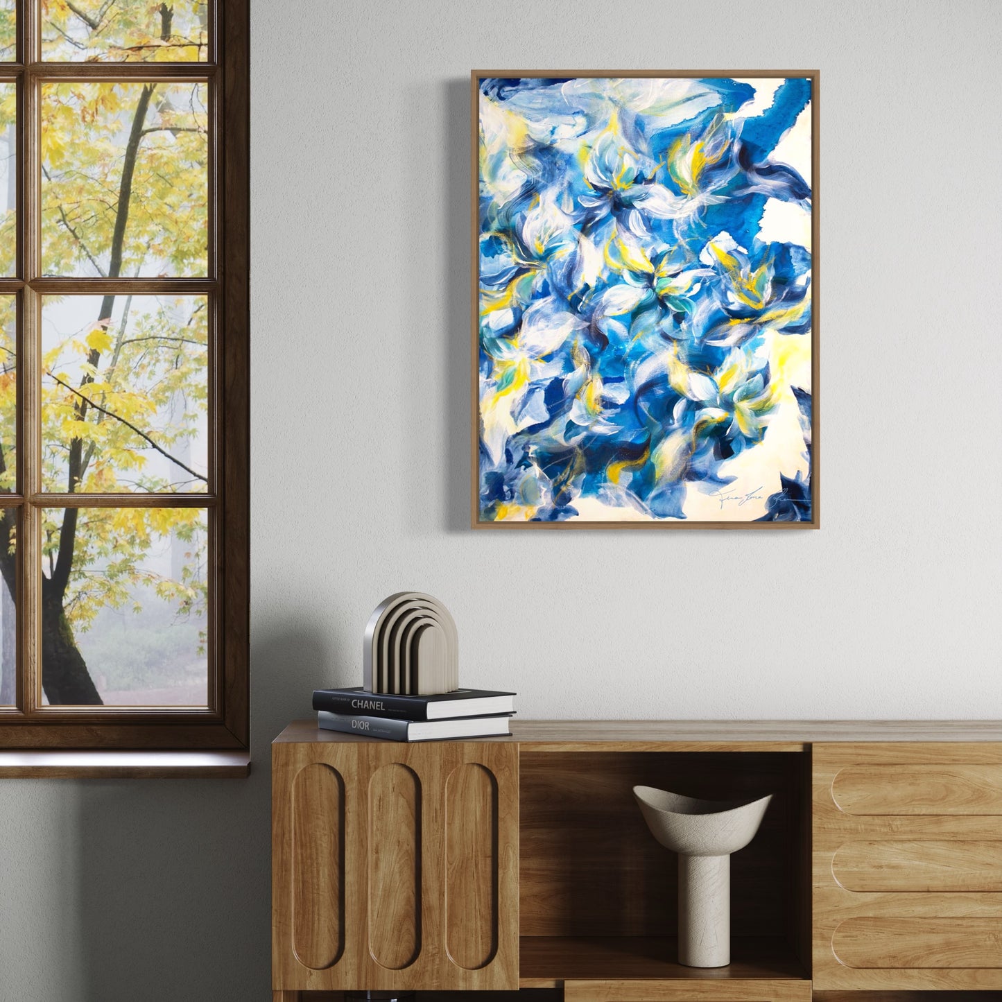 mockup abstract painting on a wall flower motives blue yellow wood frame living room
