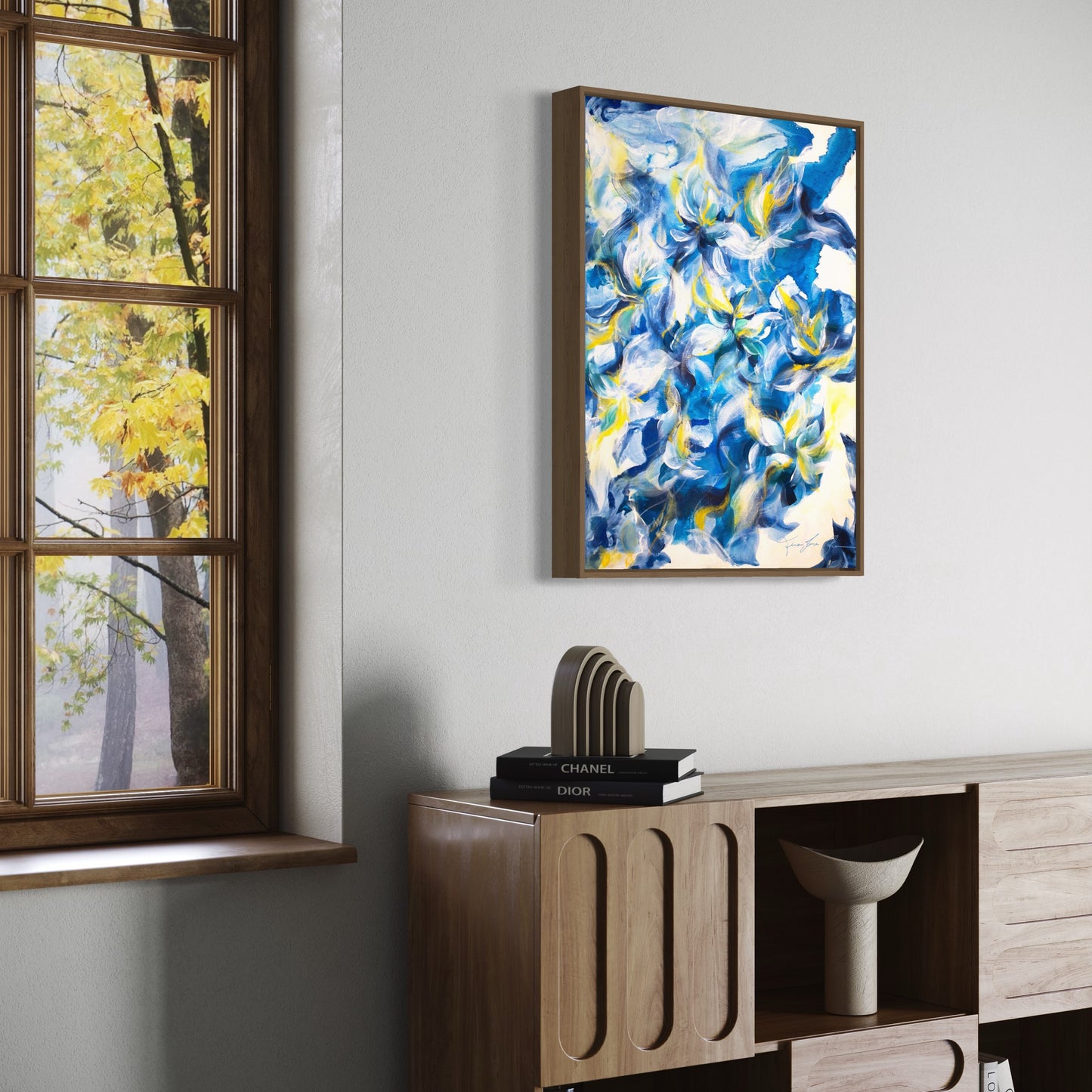 mockup abstract painting on a wall flower motives blue yellow wood frame