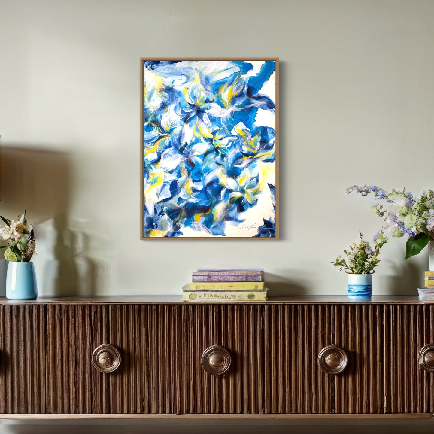 mockup abstract painting on a wall flower motives blue yellow wood frame