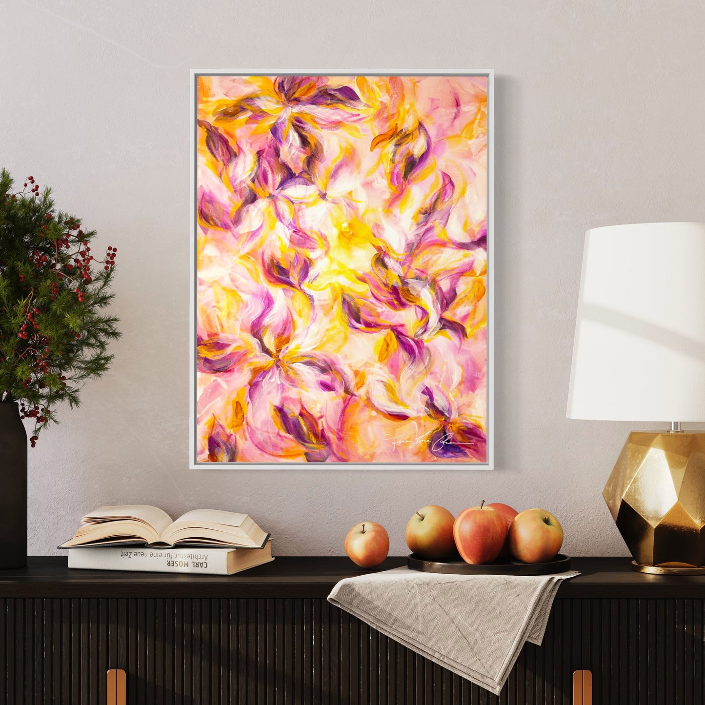 mockup abstract painting on a wall flower motives pink and yellow white frame
