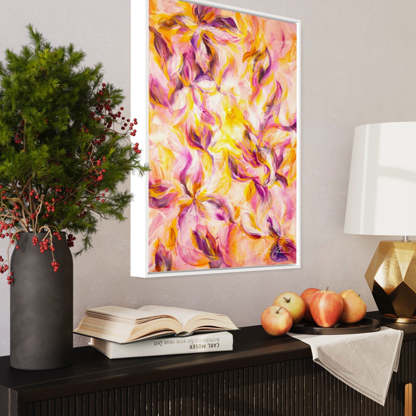 mockup abstract painting on a wall flower motives pink and yellow white frame side