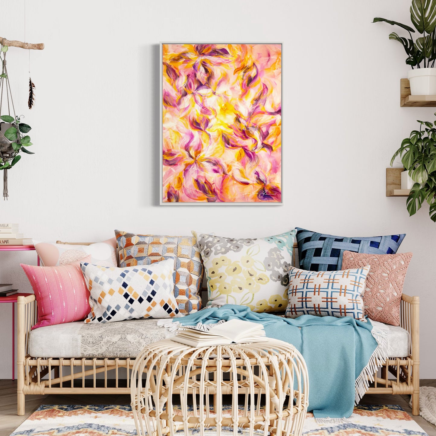 mockup abstract painting on a wall flower motives pink and yellow white frame