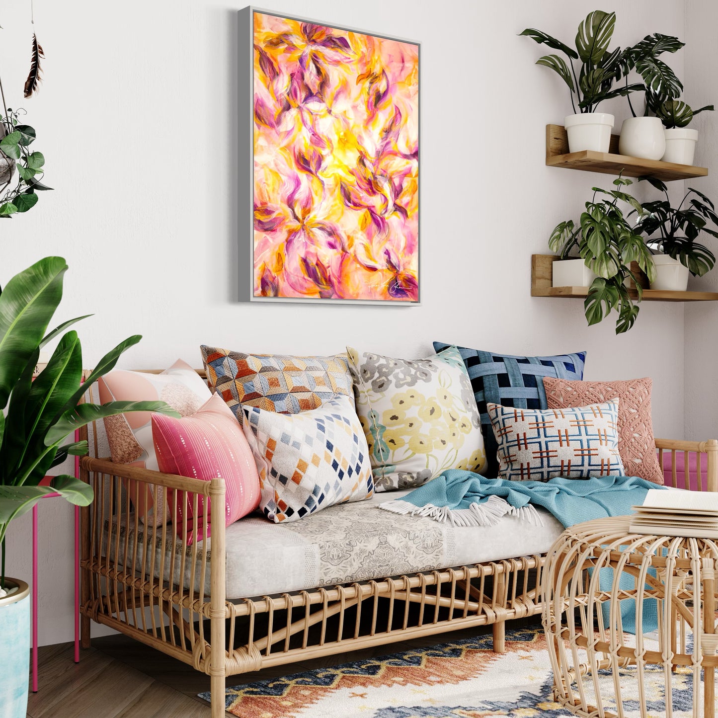 mockup abstract painting on a wall flower motives pink and yellow white frame side