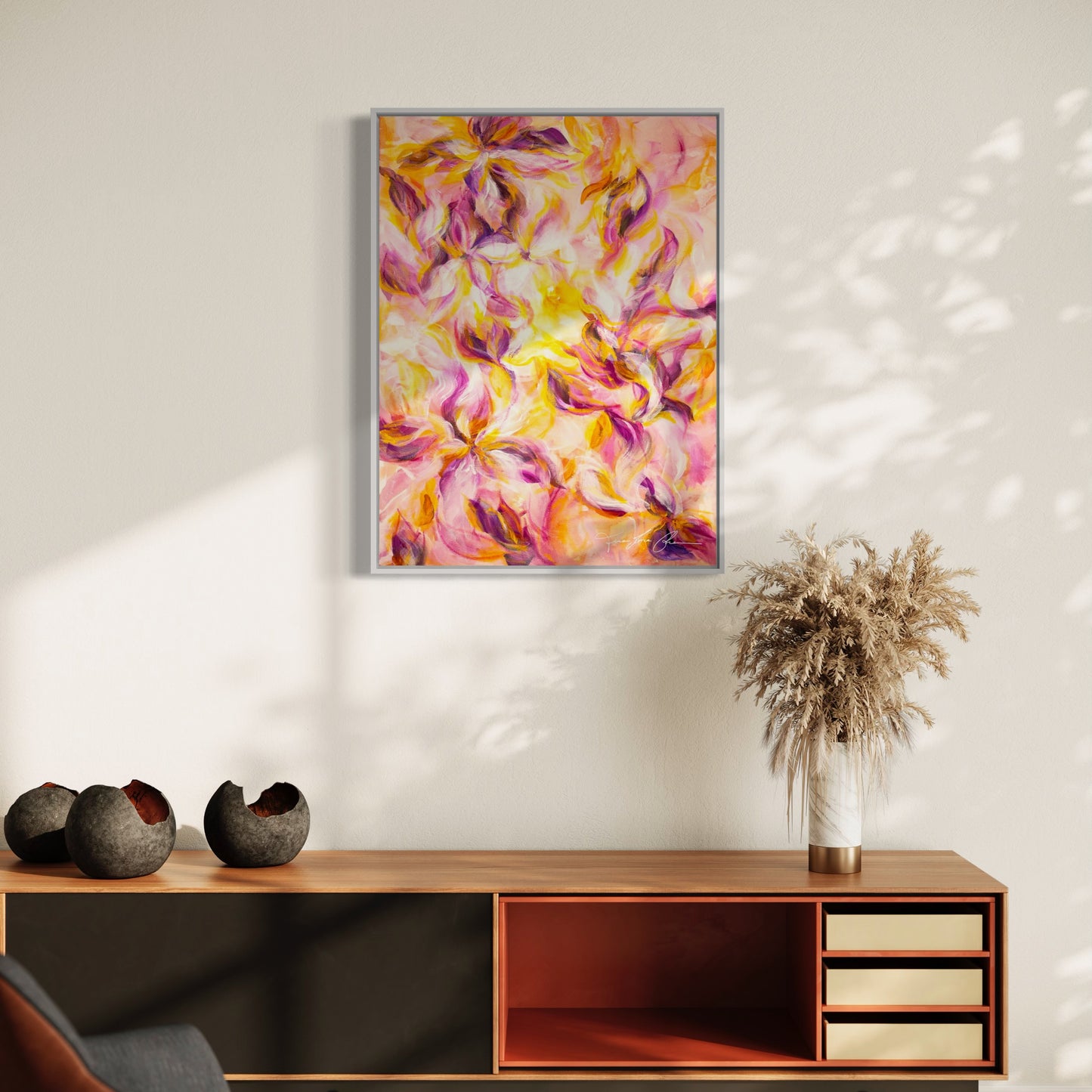 mockup abstract painting on a wall flower motives pink and yellow white frame