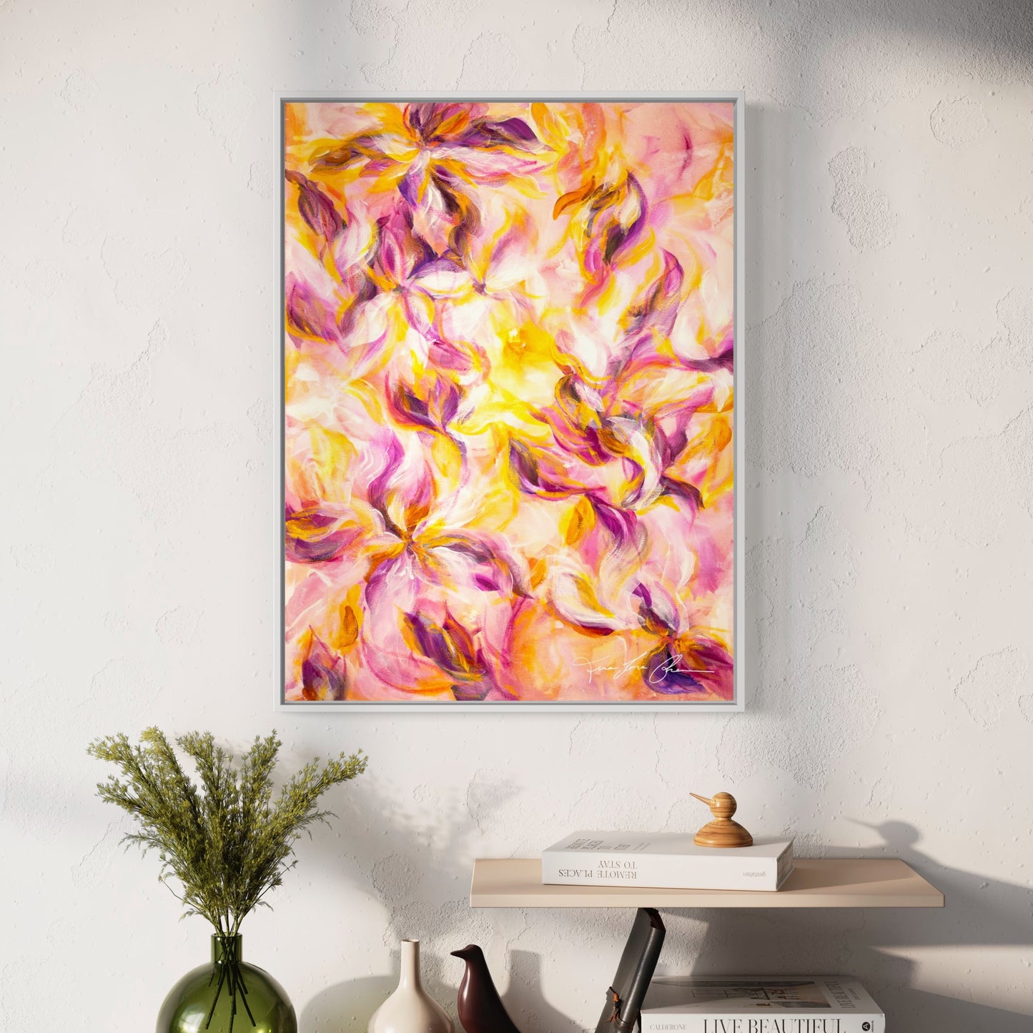 mockup abstract painting on a wall flower motives pink and yellow white frame