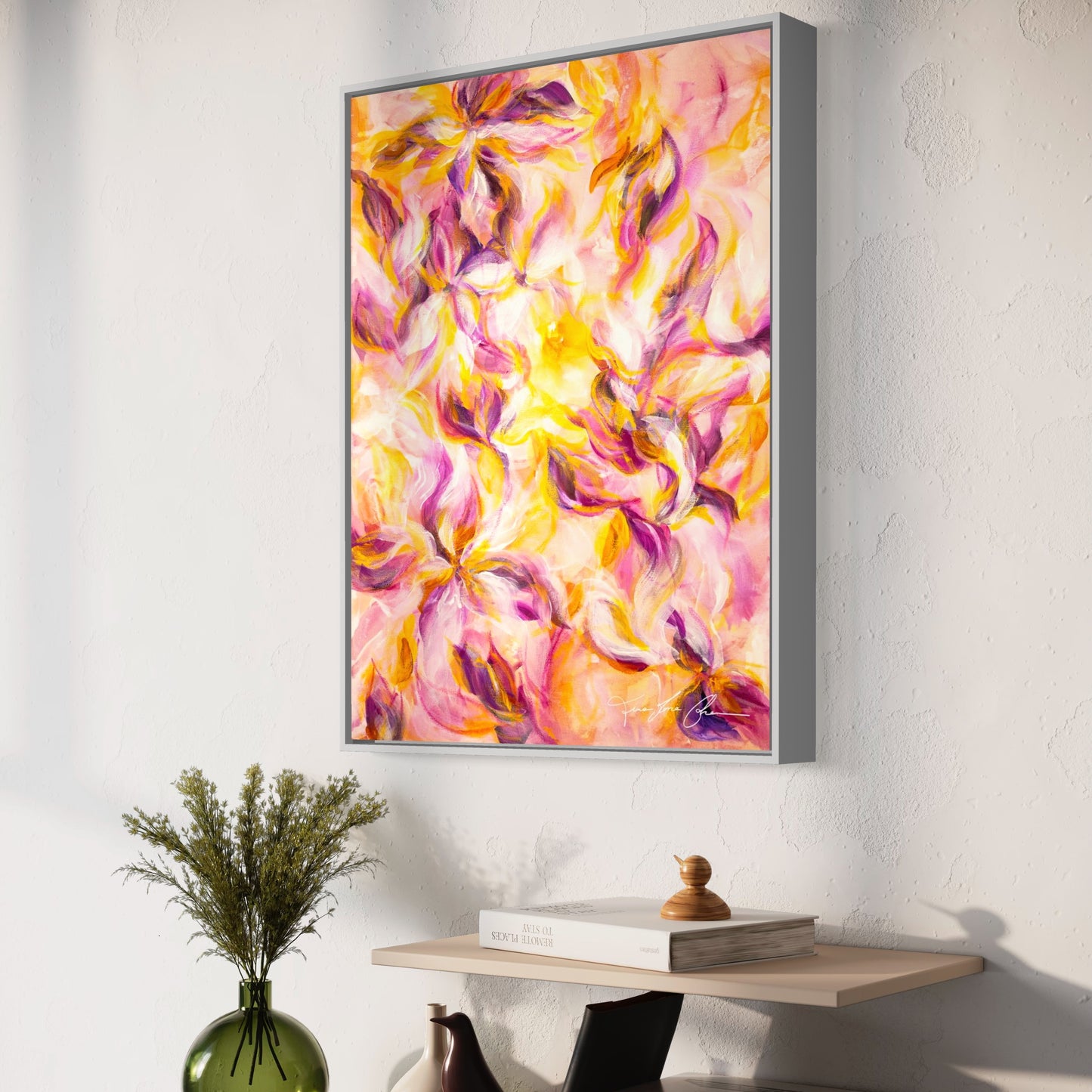 mockup abstract painting on a wall flower motives pink and yellow white frame side