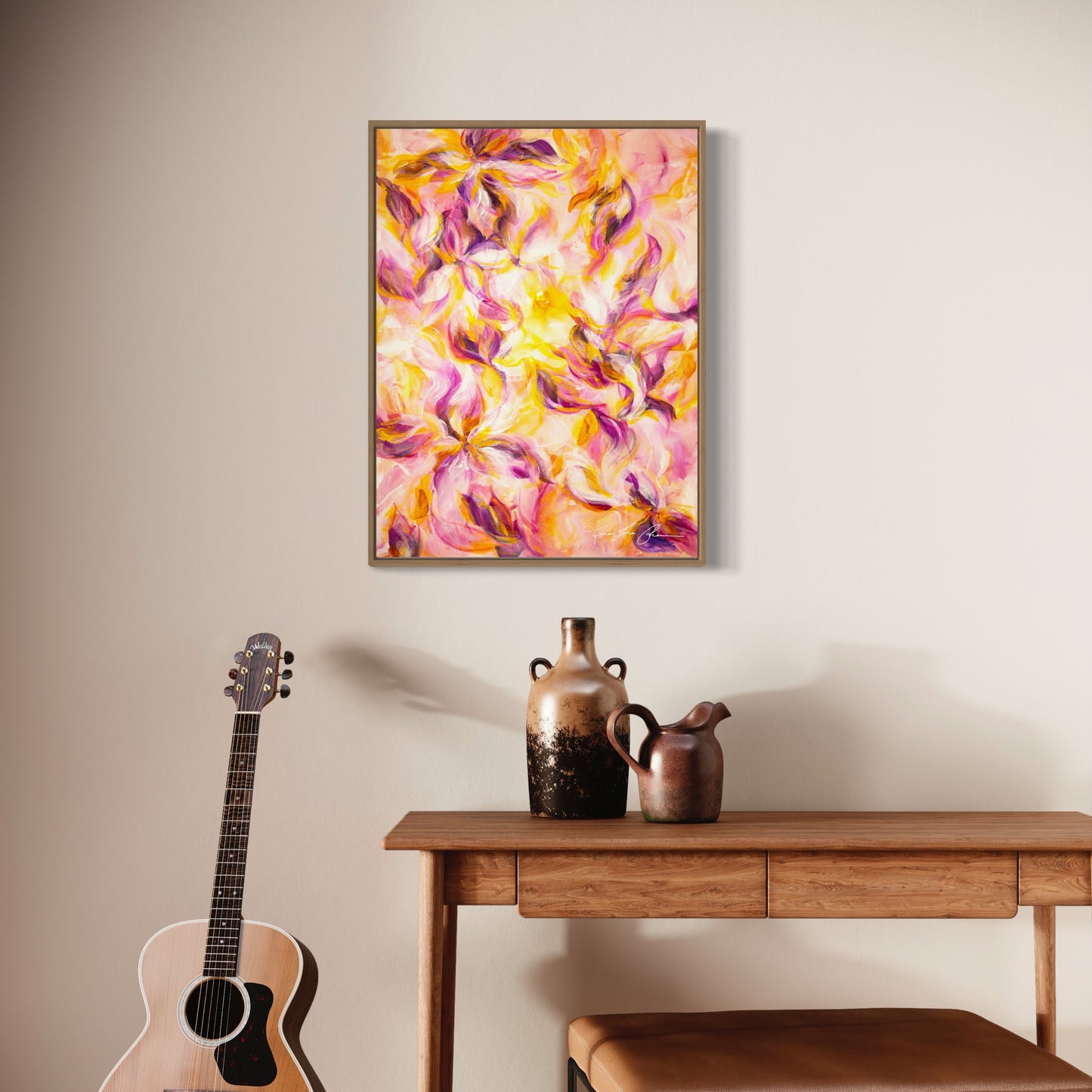 mockup abstract painting on a wall flower motives pink and yellow wood frame