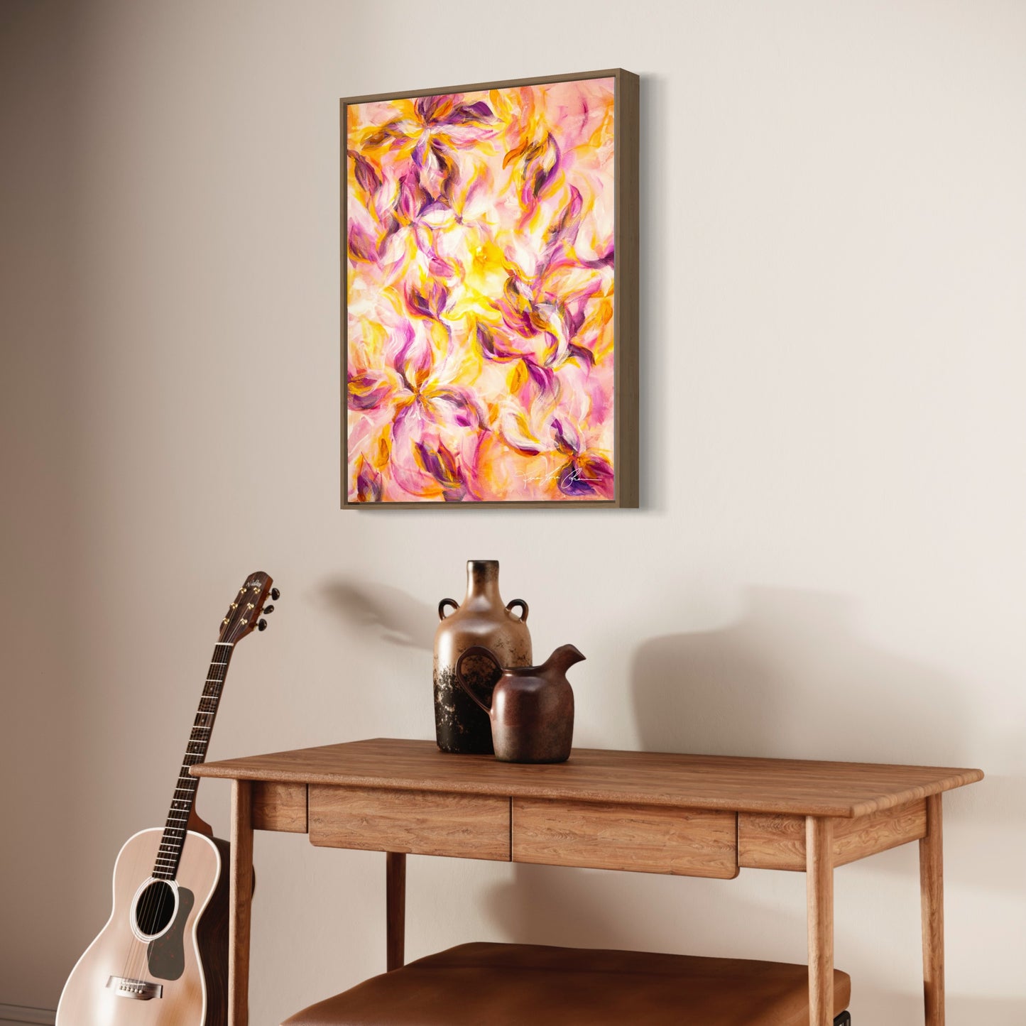 mockup abstract painting on a wall flower motives pink and yellow wood frame side