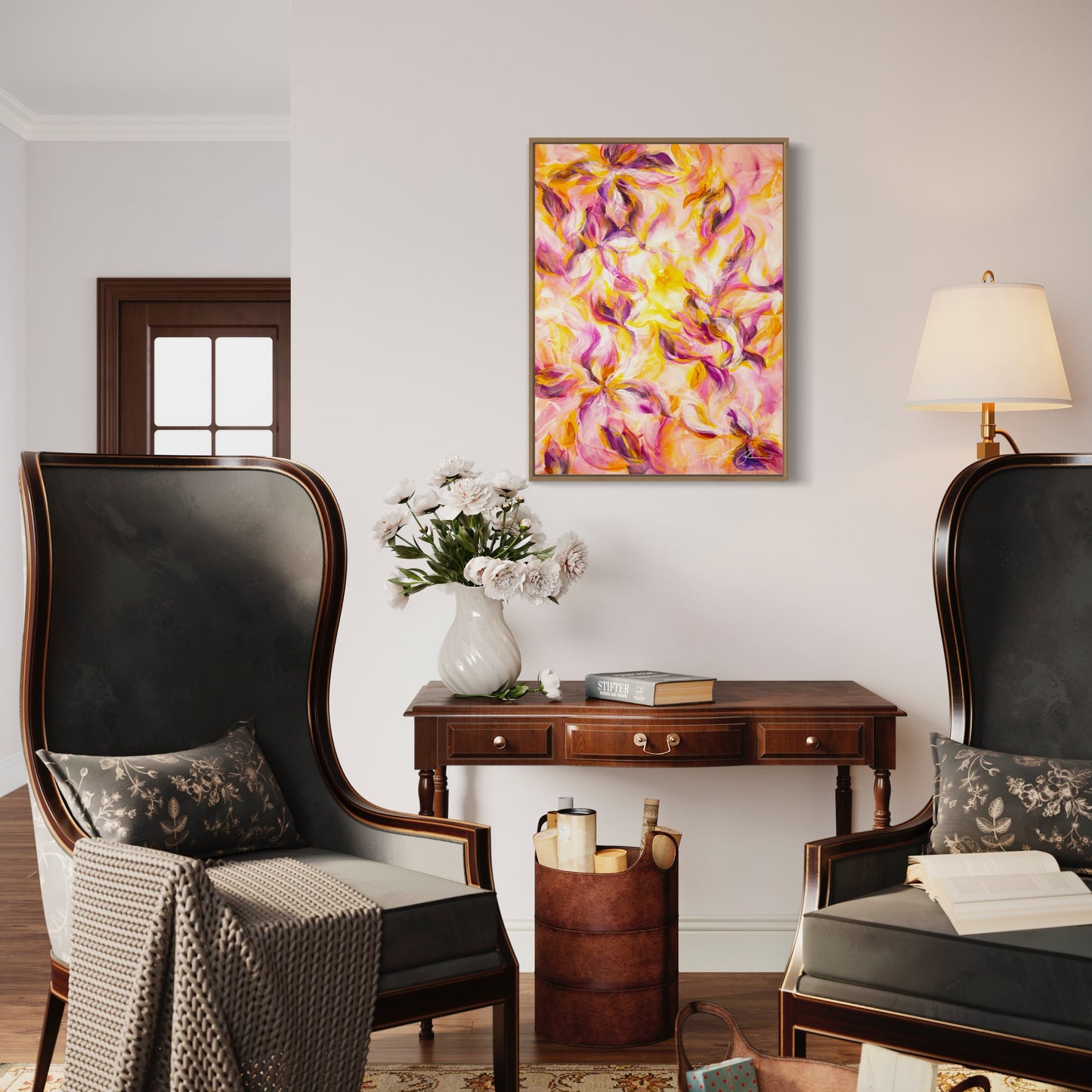 mockup abstract painting on a wall flower motives pink and yellow wood frame living room