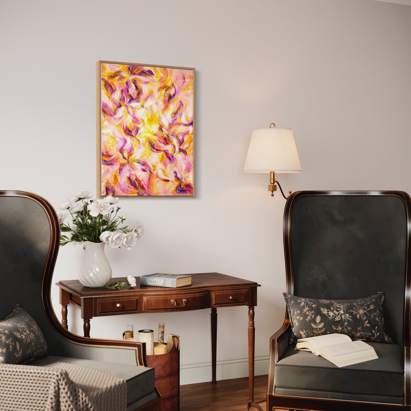 mockup abstract painting on a wall flower motives pink and yellow wood frame side living room