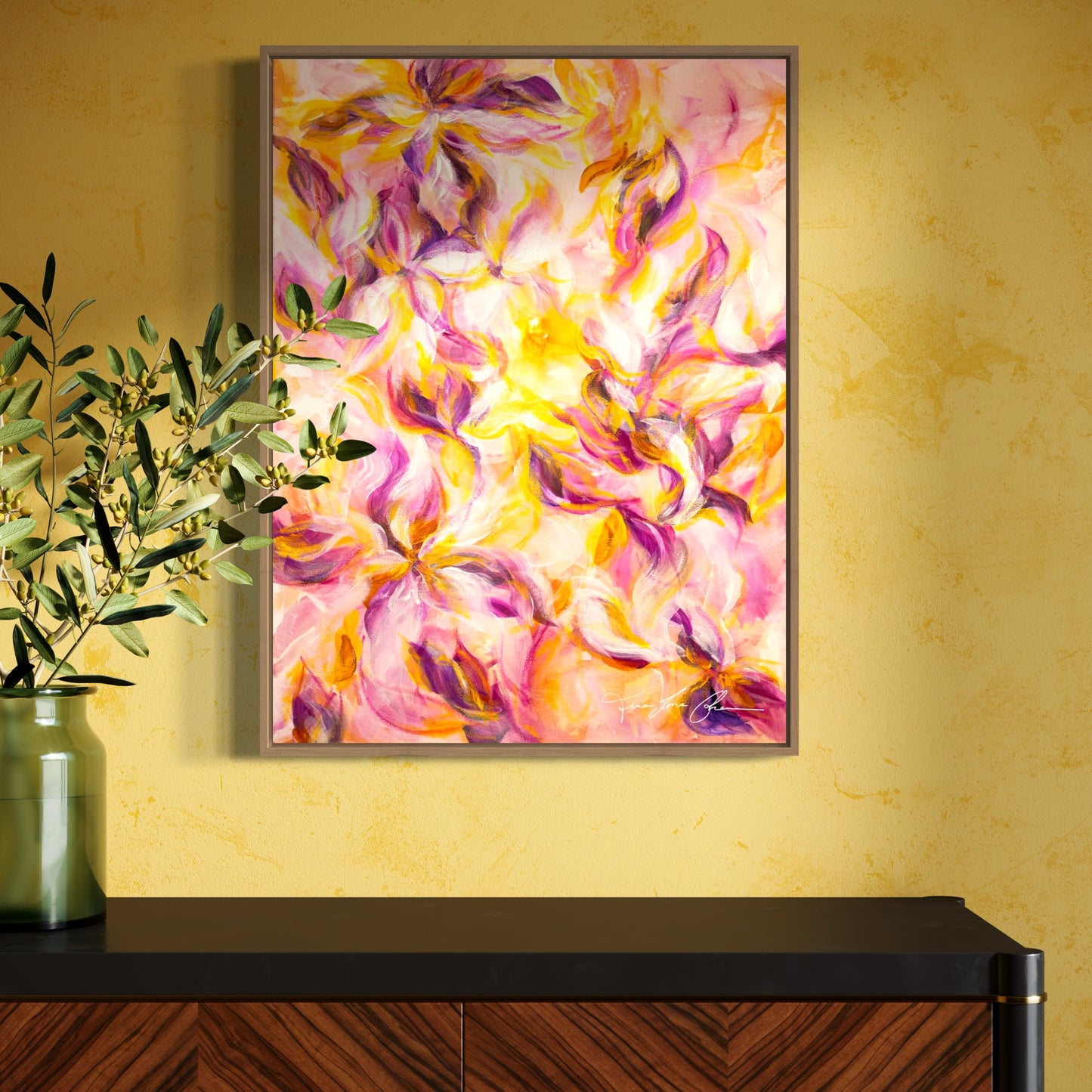 mockup abstract painting on a wall flower motives pink and yellow wood frame