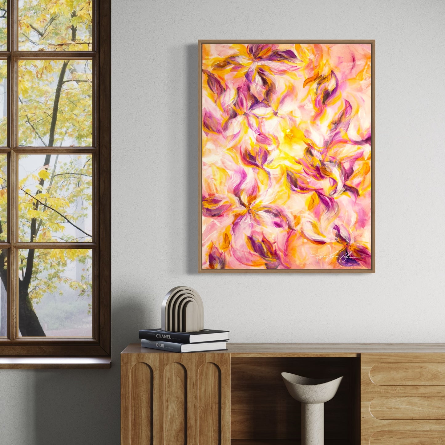 mockup abstract painting on a wall flower motives pink and yellow wood frame