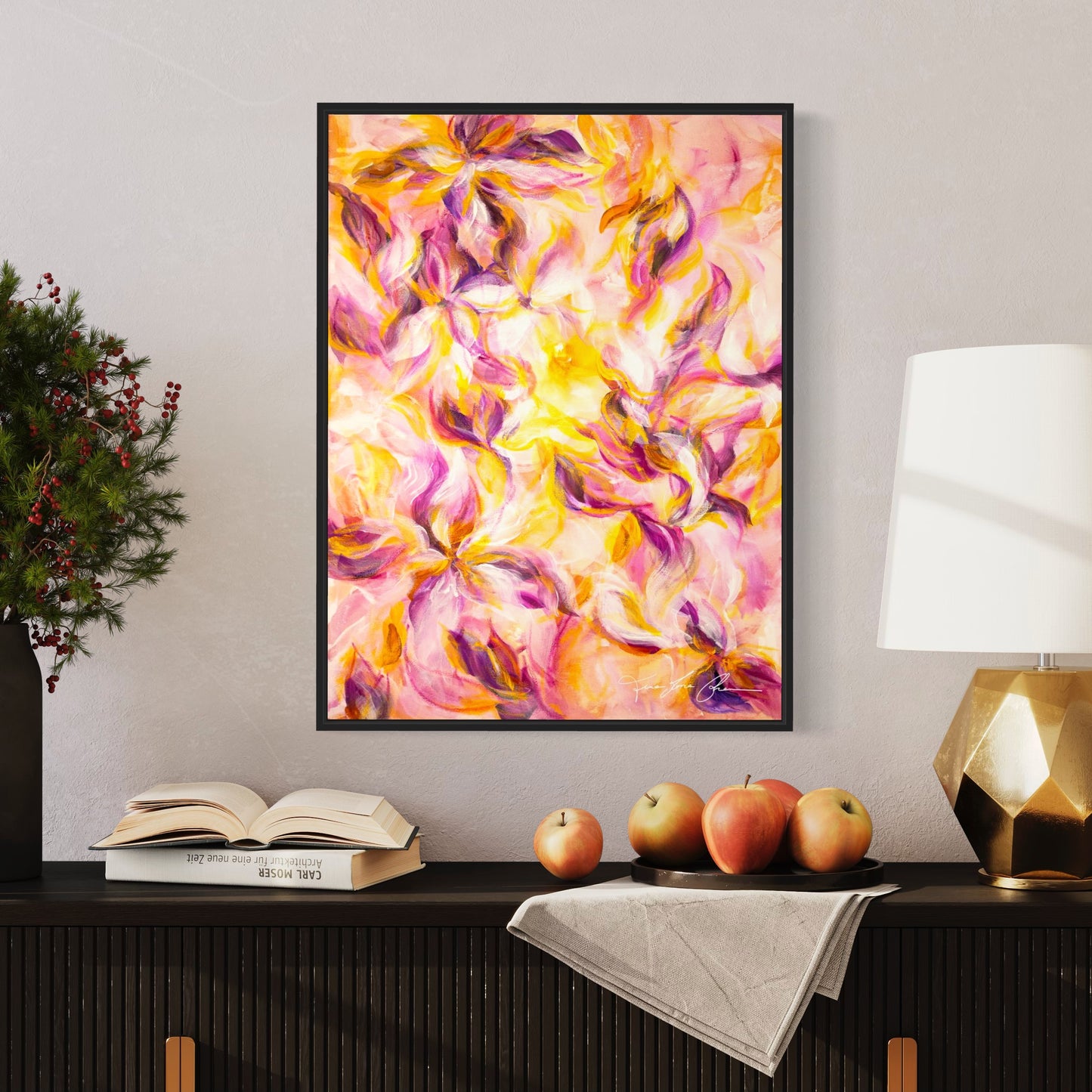 mockup abstract painting on a wall flower motives pink and yellow black frame