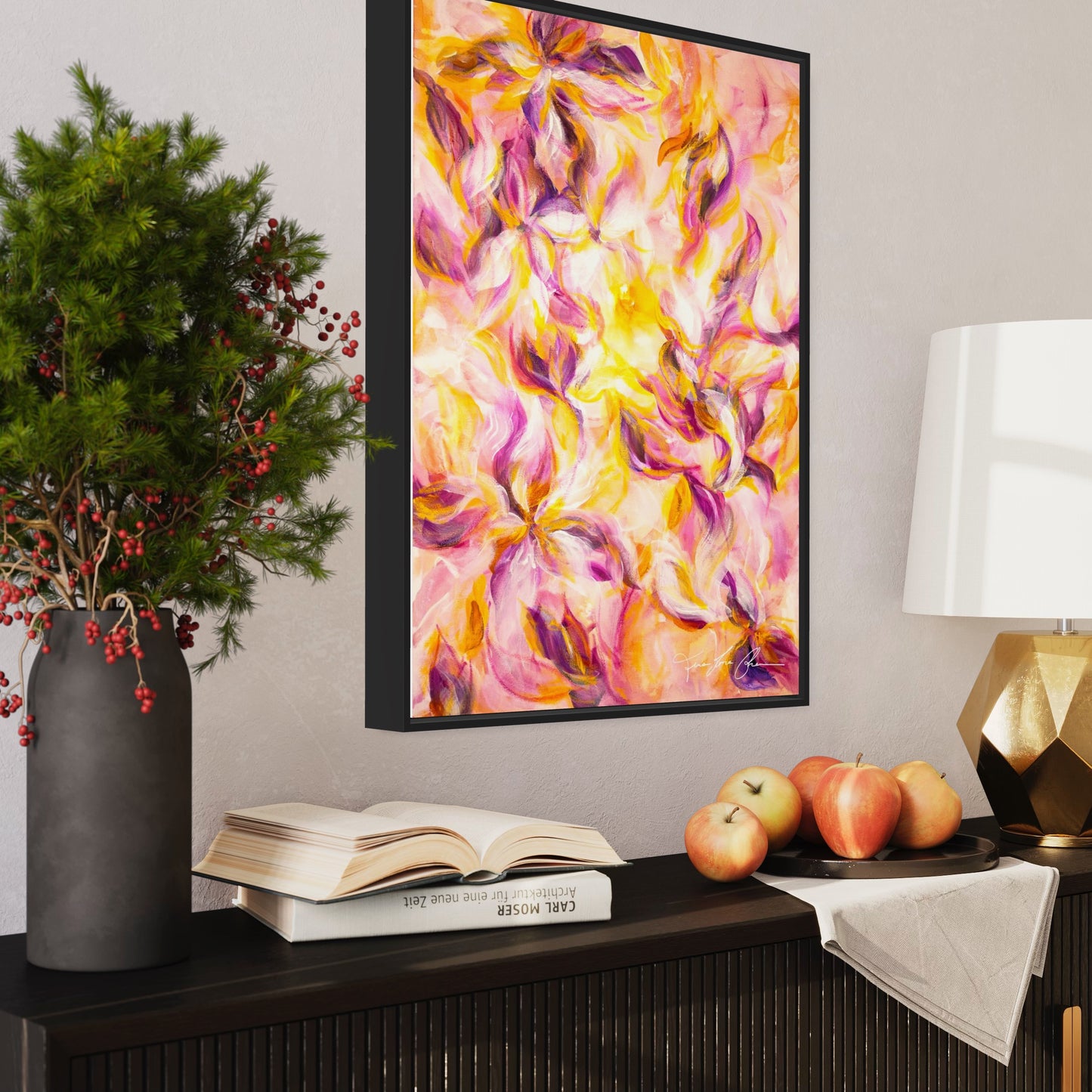 mockup abstract painting on a wall flower motives pink and yellow black frame side