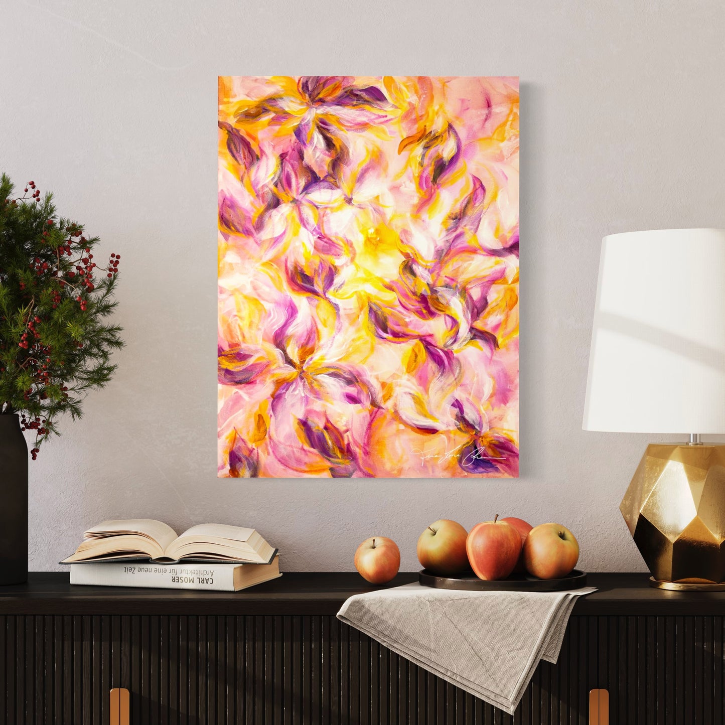 mockup abstract painting on a wall flower motives pink and yellow living room
