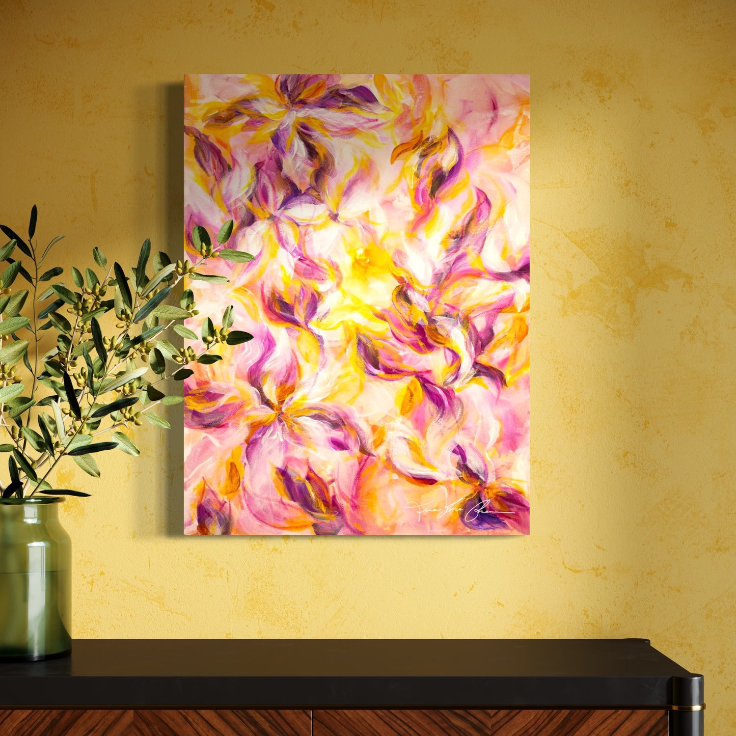 mockup abstract painting on a wall flower motives pink and yellow
