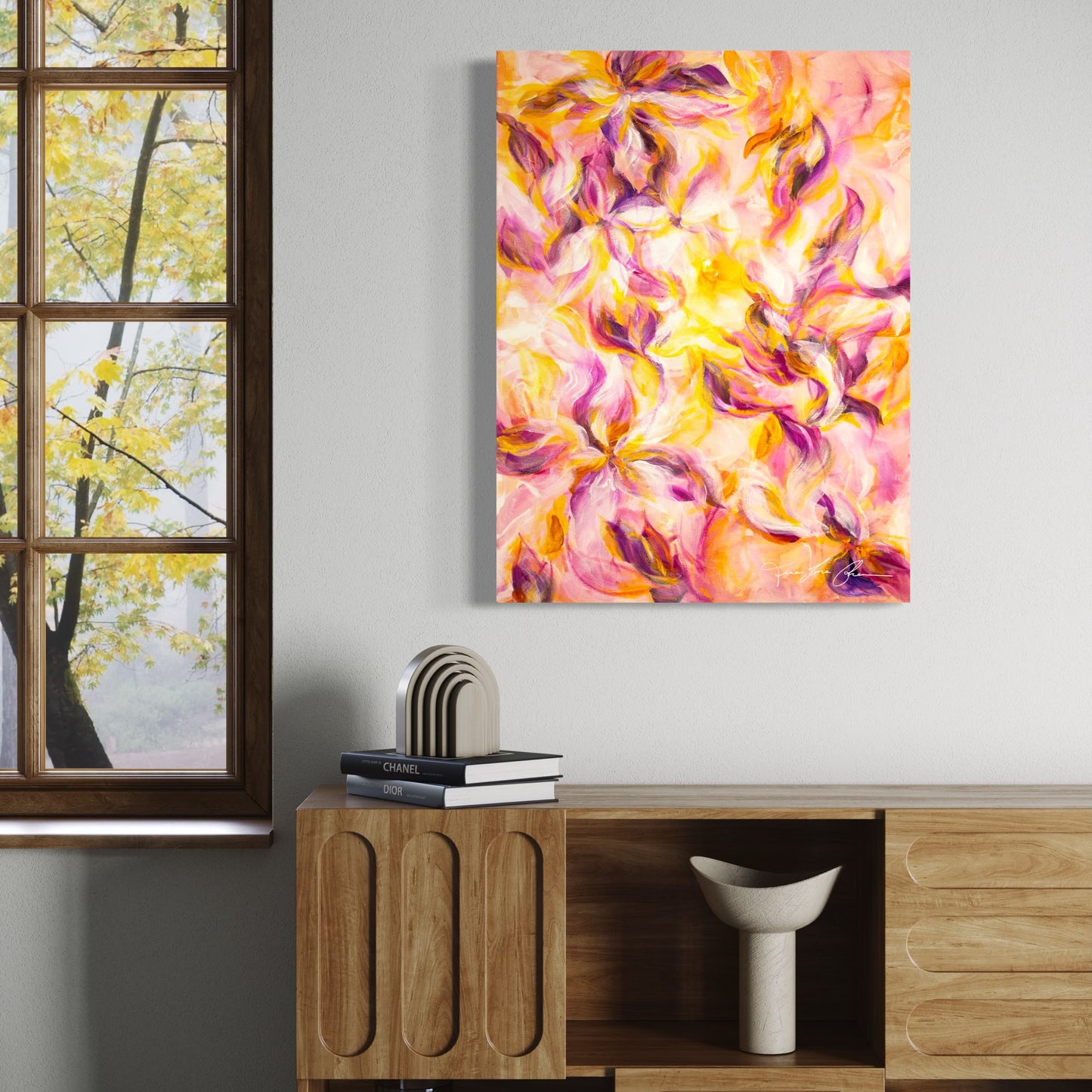 mockup abstract painting on a wall flower motives pink and yellow living room